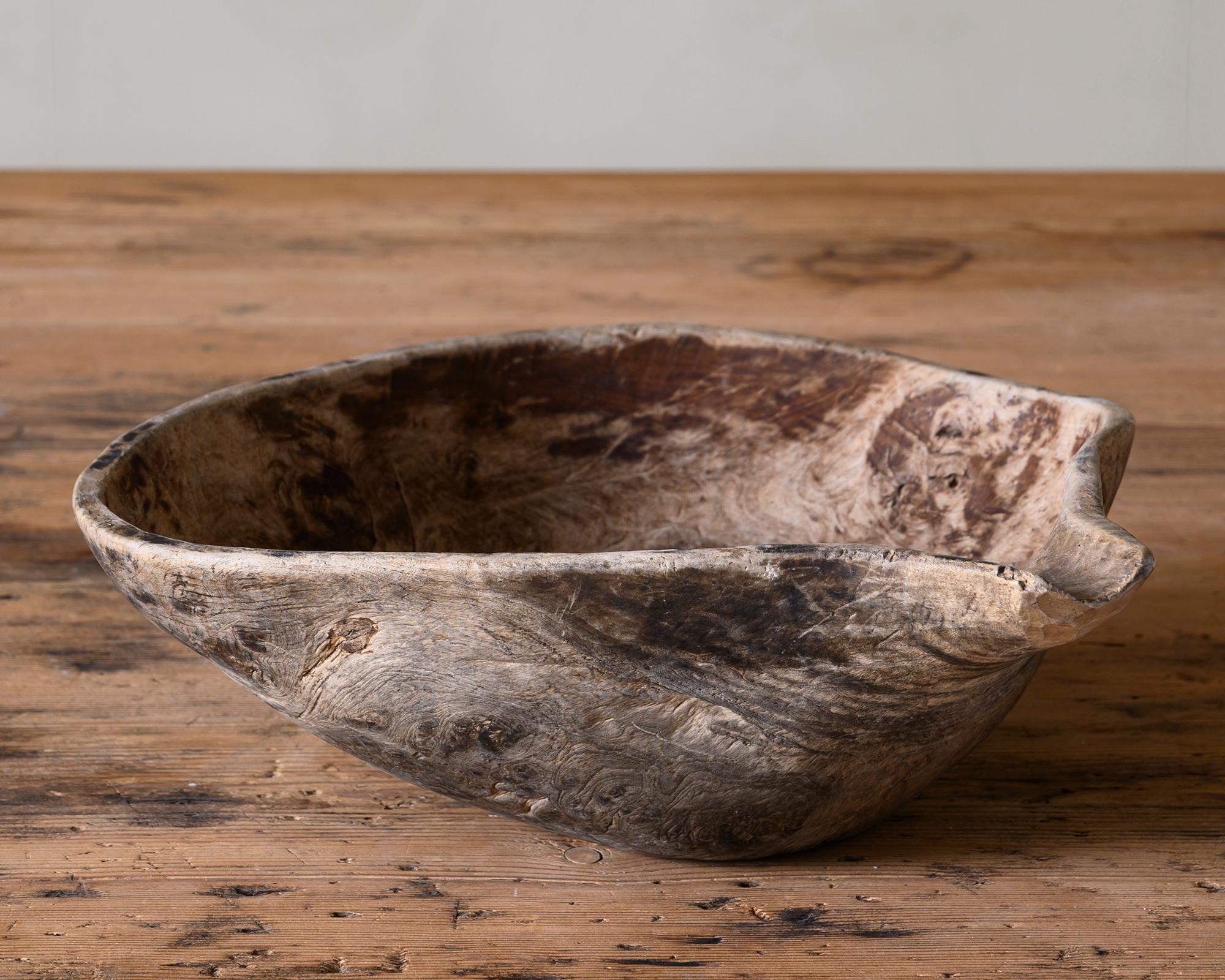 Unusual 19th century Swedish spouted pouring root wood bowl. Signed A&D and dated 1878.
