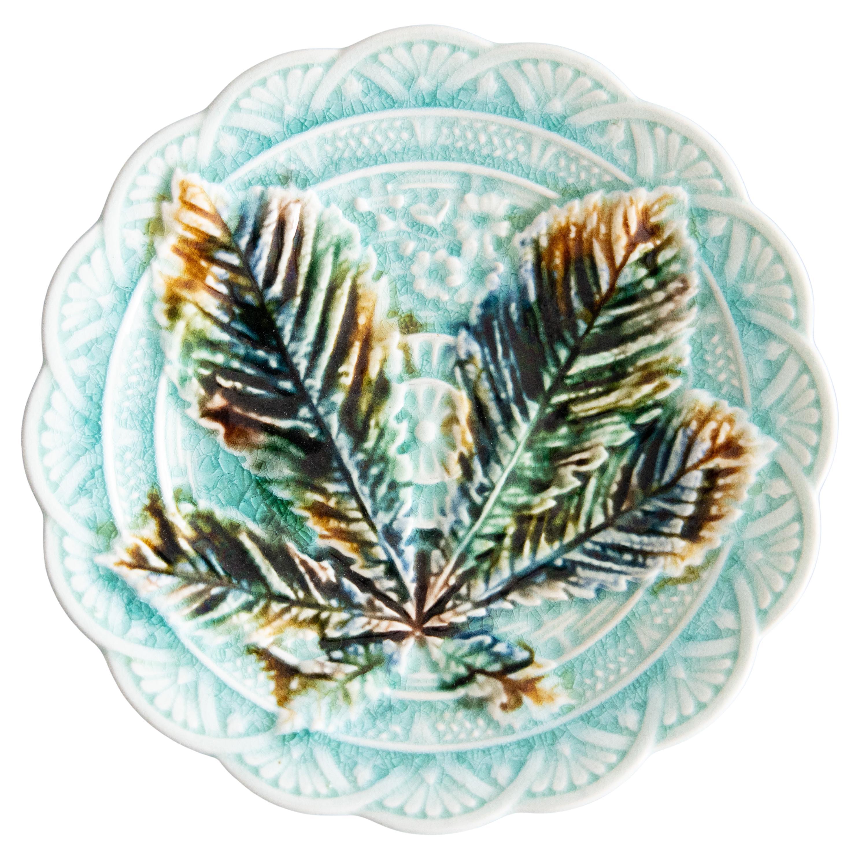 19th Century Swedish Rörstrand Majolica Turquoise Chestnut Leaf Plate