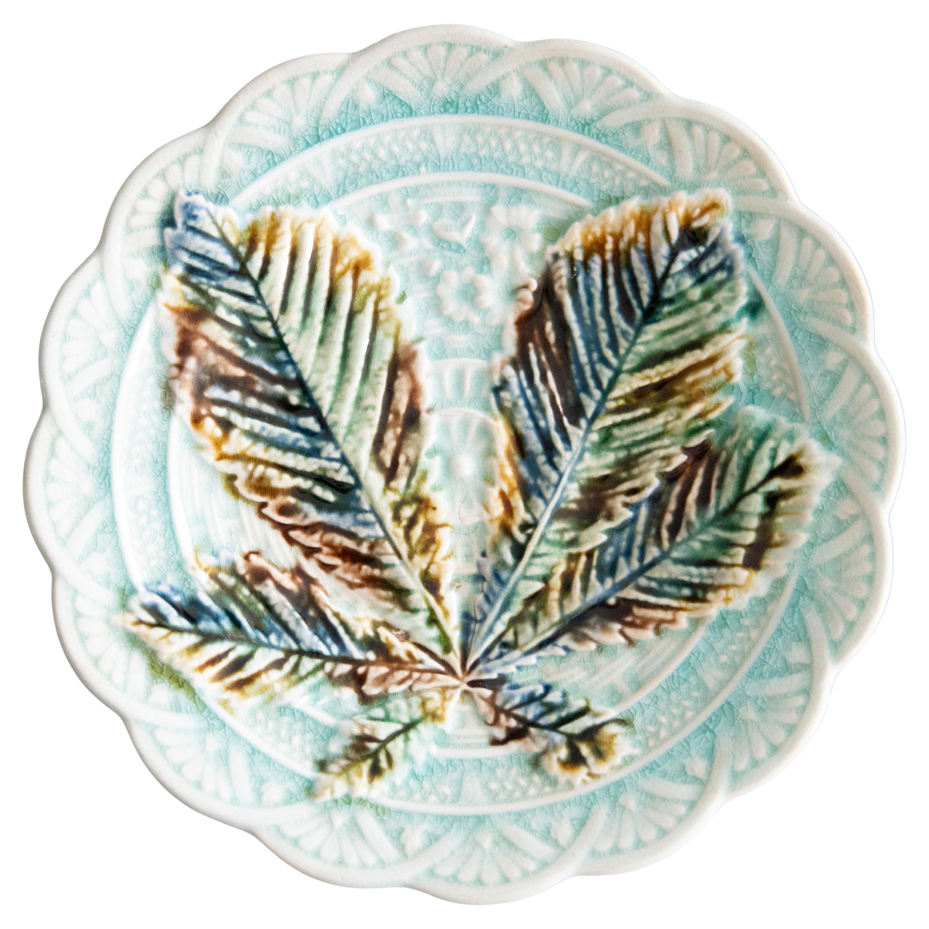 19th Century Swedish Rörstrand Majolica Turquoise Chestnut Leaf Plate im Angebot