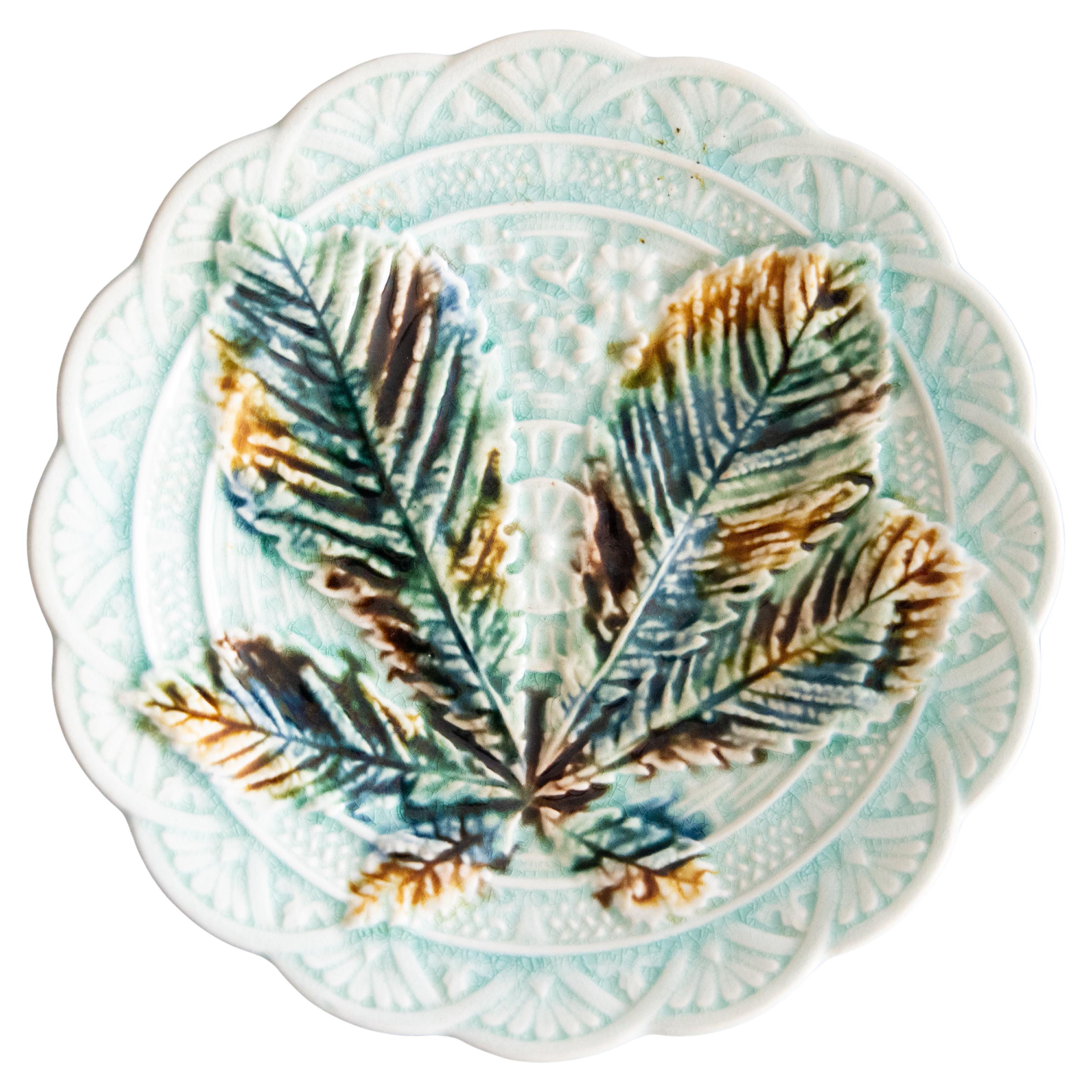19th Century Swedish Rörstrand Majolica Turquoise Chestnut Leaf Plate