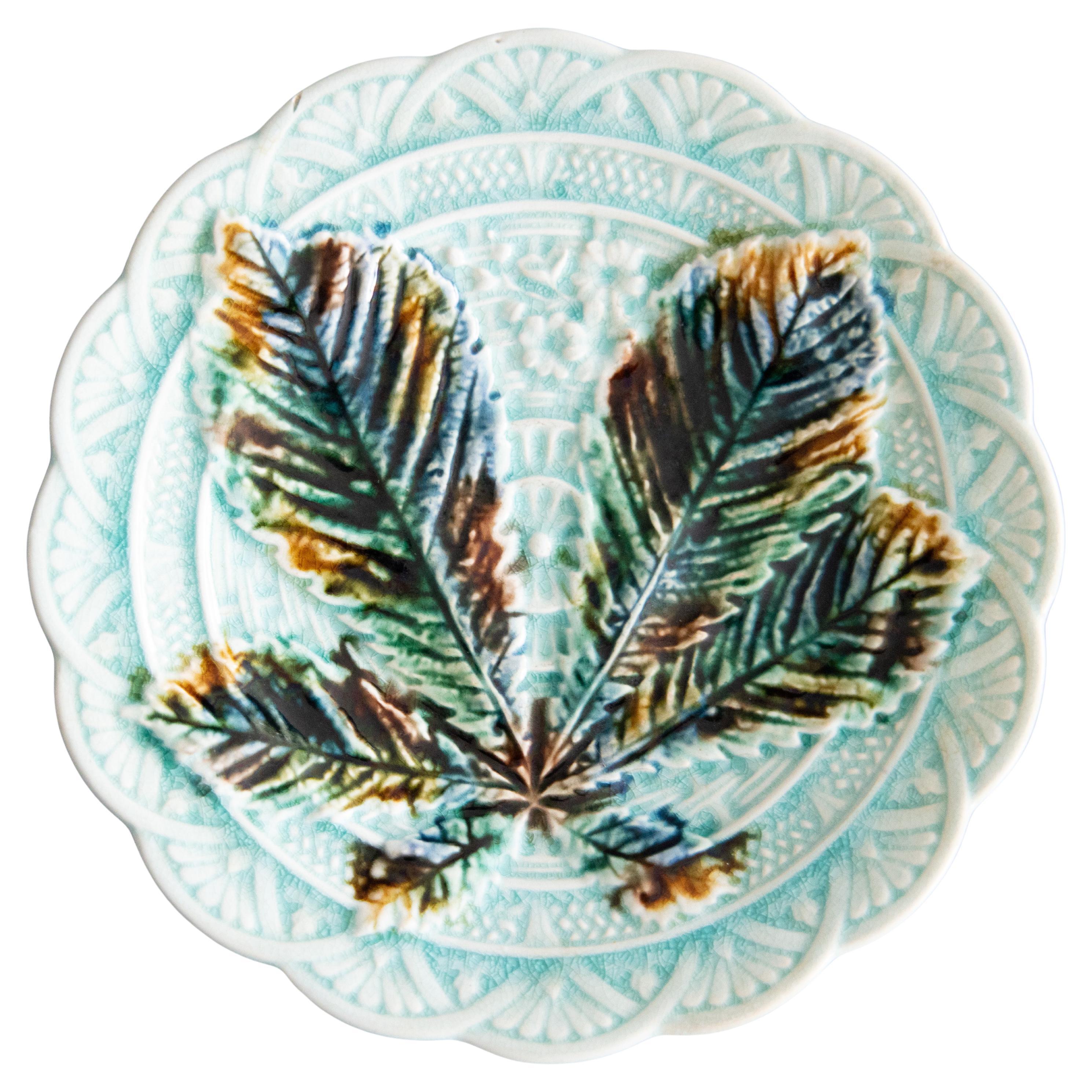 19th Century Swedish Rörstrand Majolica Turquoise Chestnut Leaf Plate