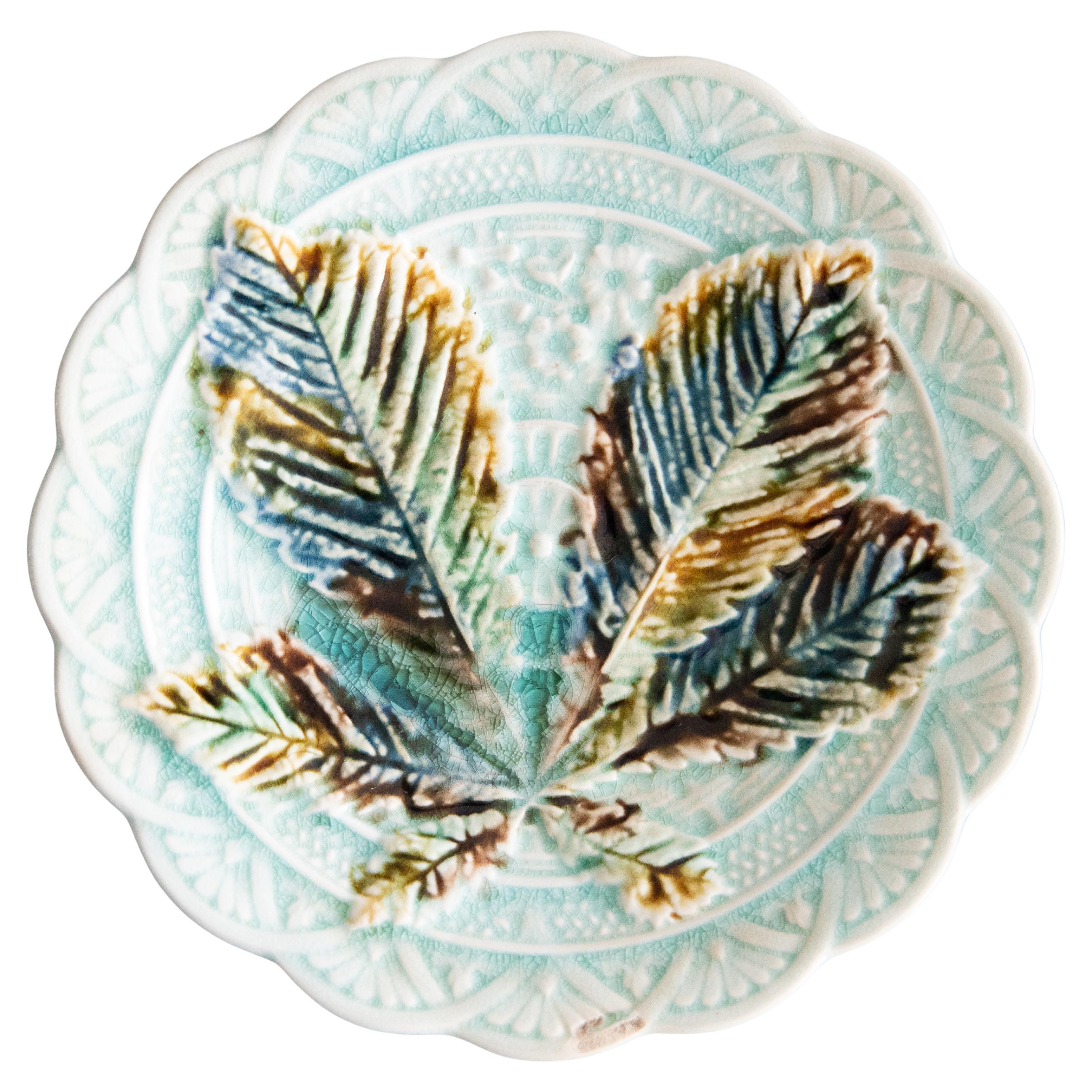 19th Century Swedish Rörstrand Majolica Turquoise Chestnut Leaf Plate