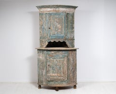 Antique Swedish Rustic Country Corner Cabinet with Hand Carved Wooden Decor