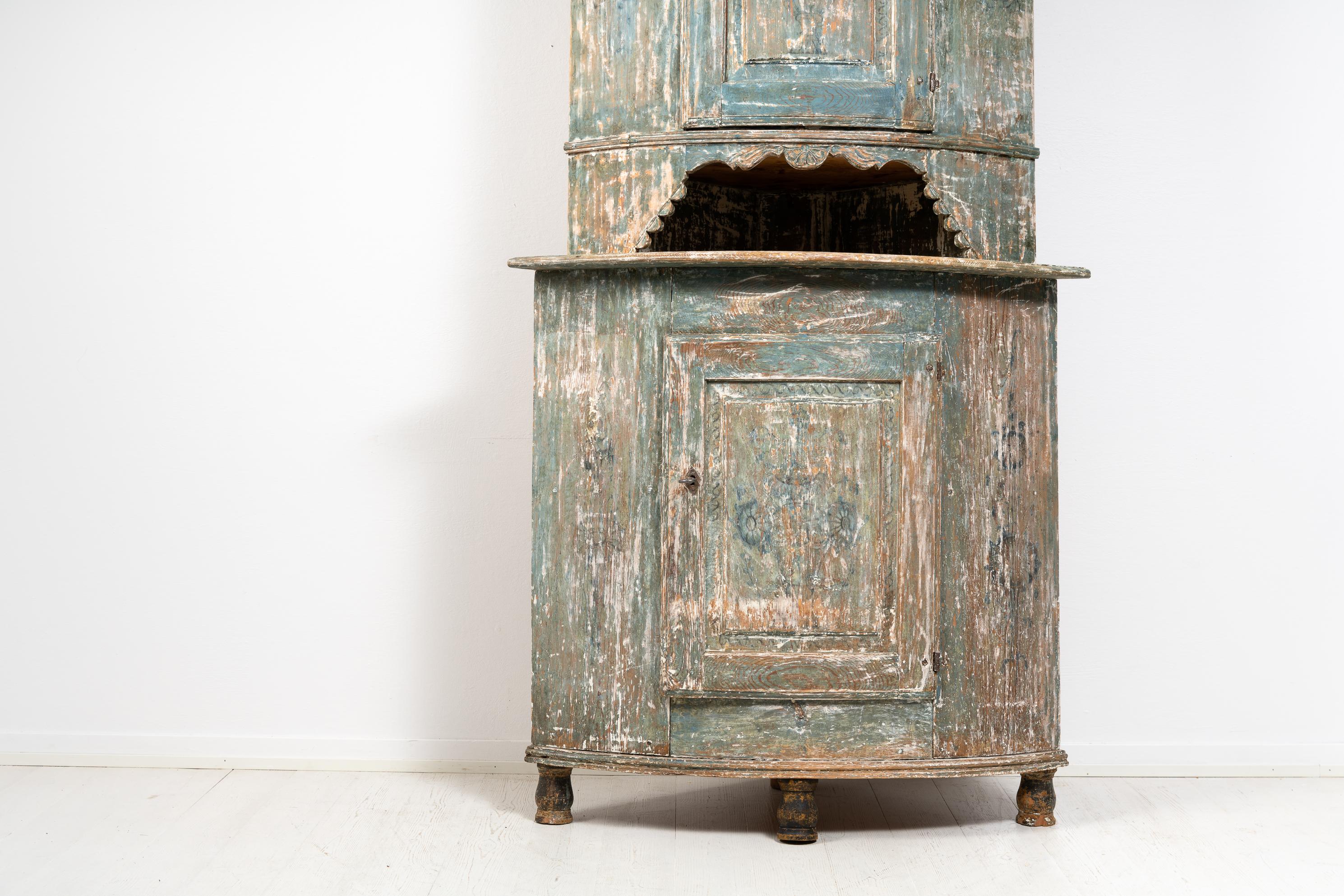 Hand-Crafted 19th Century Swedish Rustic Country Corner Cabinet For Sale