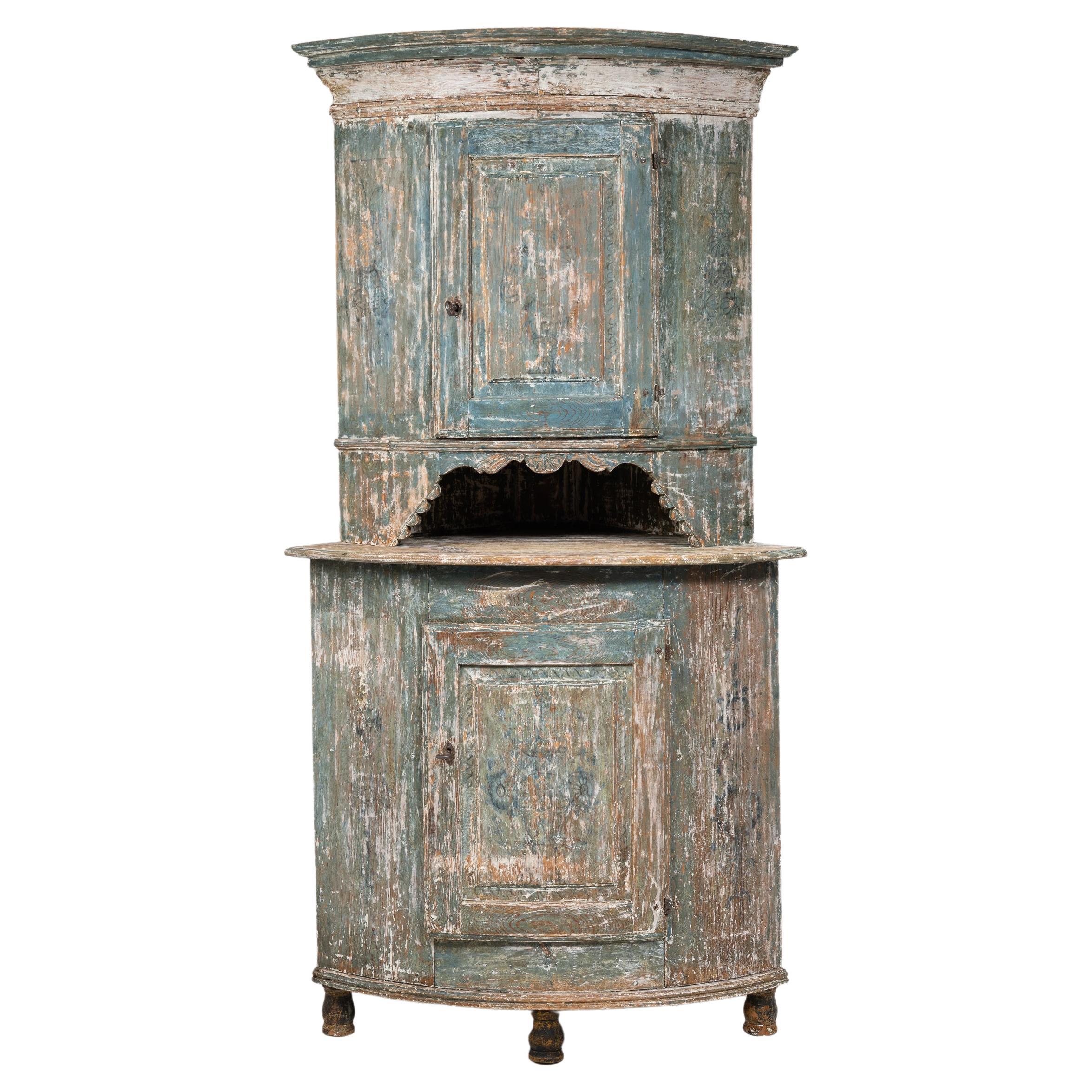19th Century Swedish Rustic Country Corner Cabinet For Sale