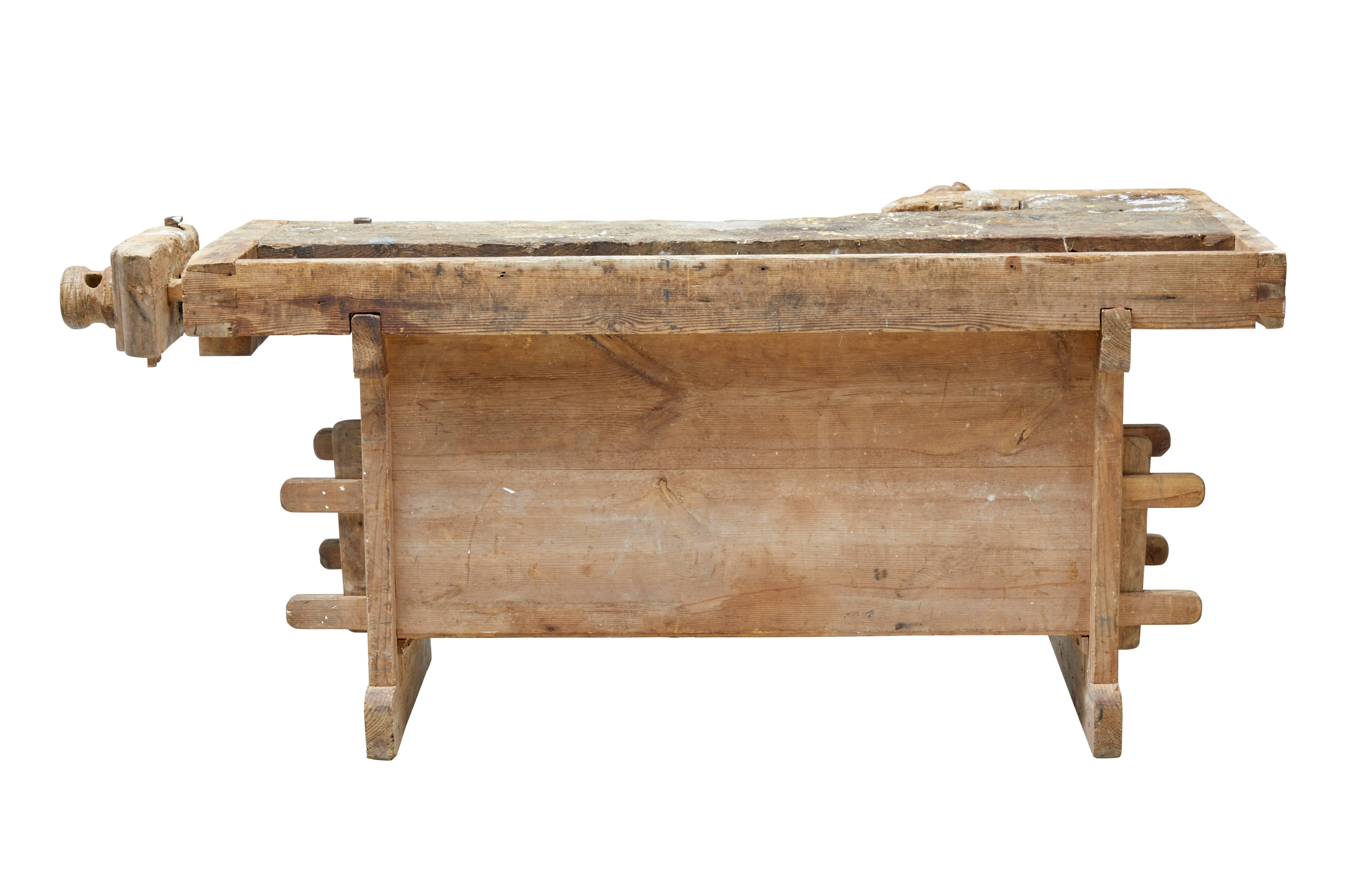 19th Century Swedish Rustic Pine Work Bench In Distressed Condition In Debenham, Suffolk