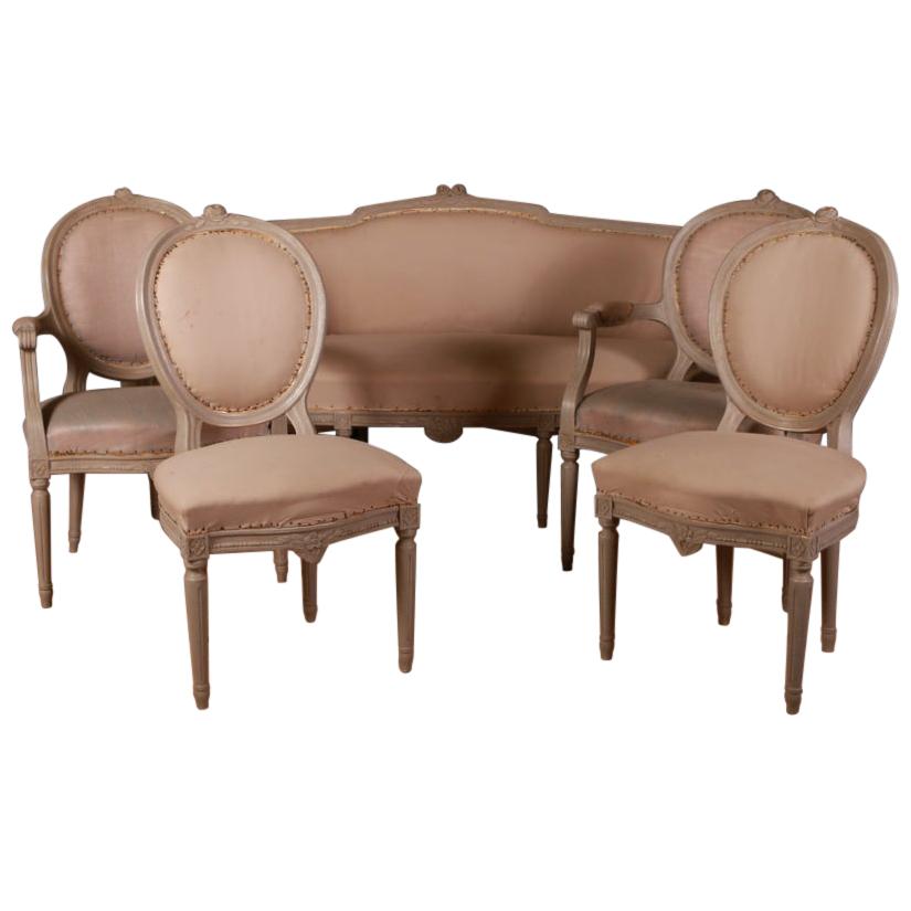 19th Century Swedish Salon Sofa and Four Chairs