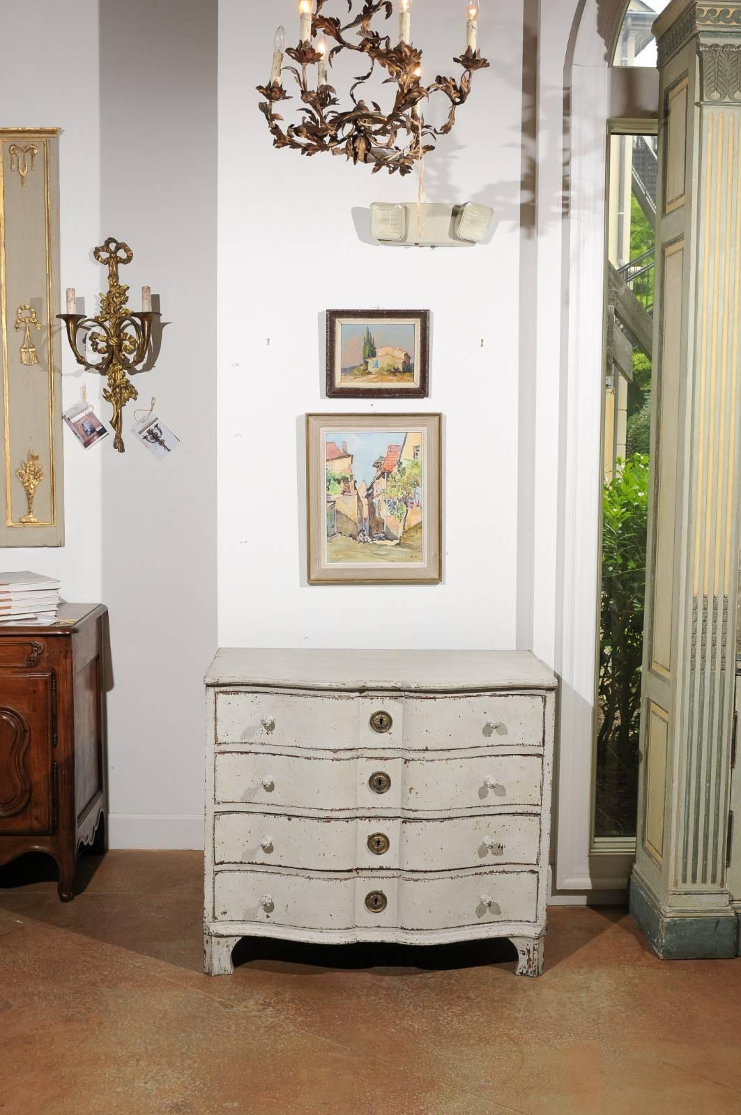 Hand-Painted 19th Century Swedish Serpentine Four-Drawer Commode with Weathered Finish For Sale