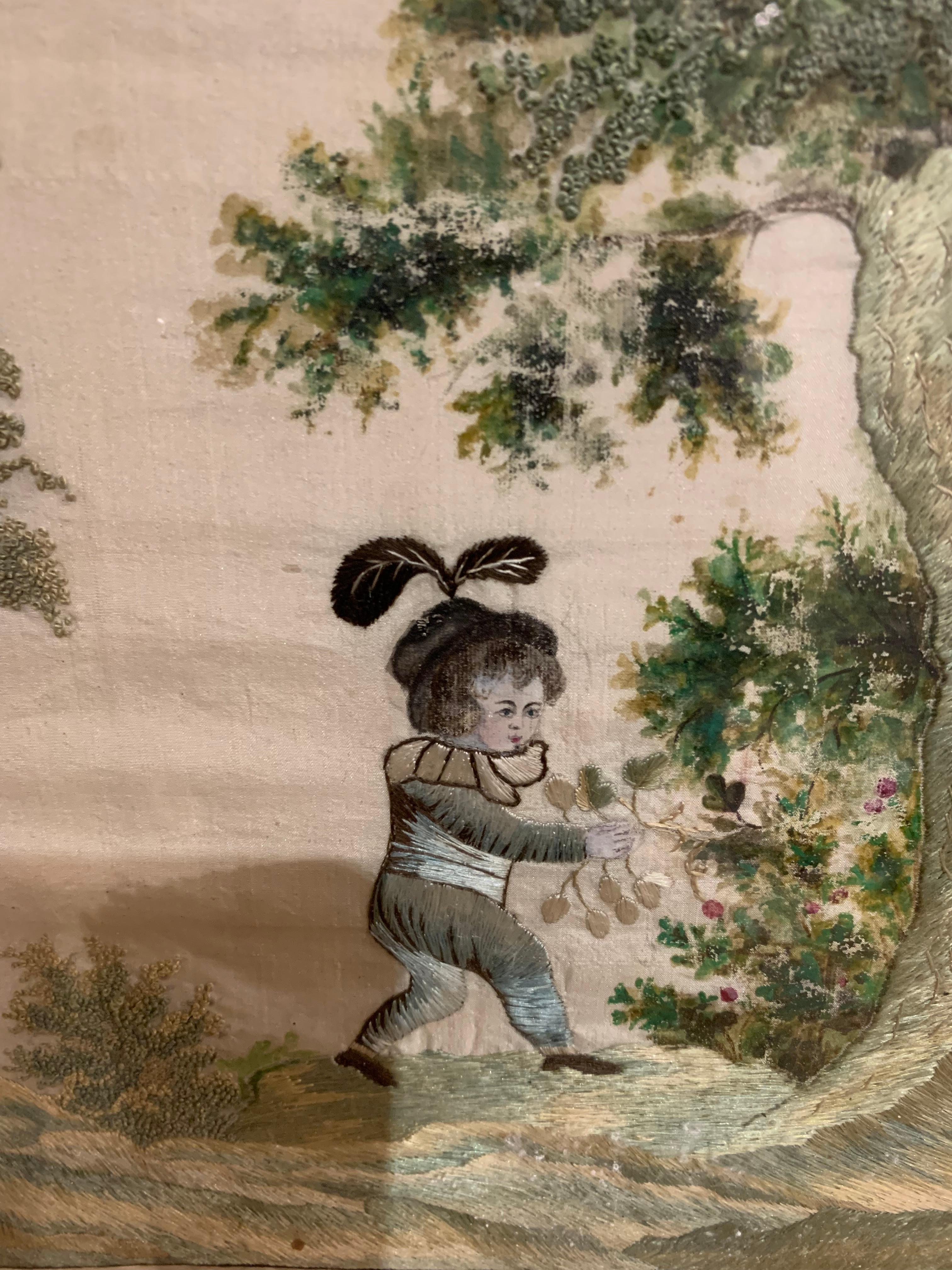 19th Century Swedish Silk Work Framed Tapestry of a Child Picking Berries For Sale 4