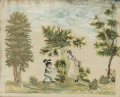 19th century Swedish silk work framed tapestry of a child picking berries