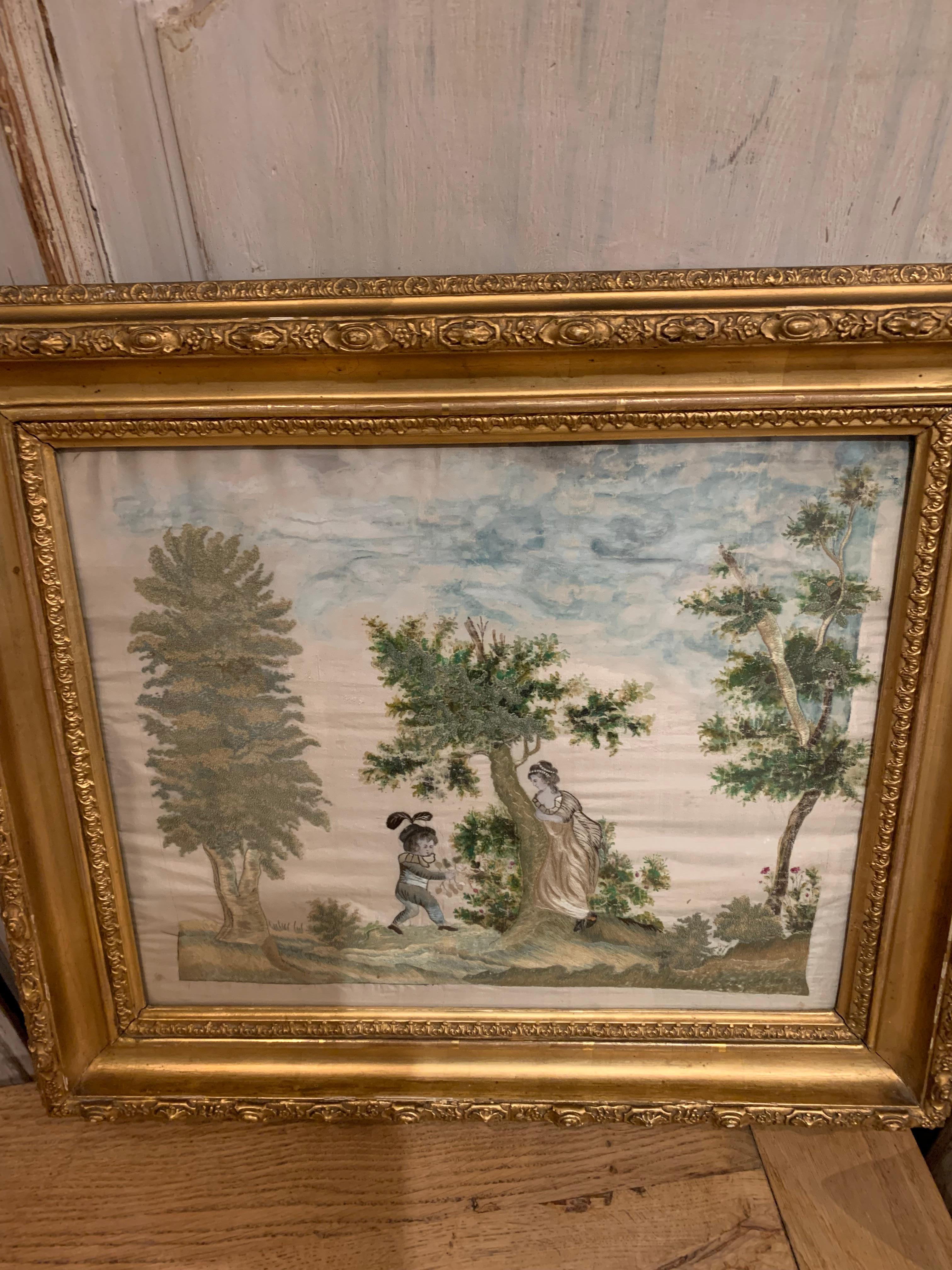 Louis Philippe 19th Century Swedish Silk Work Framed Tapestry of a Child Picking Berries For Sale