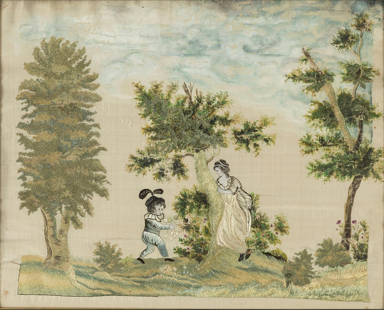 19th Century Swedish Silk Work Framed Tapestry of a Child Picking Berries In Good Condition For Sale In London, GB