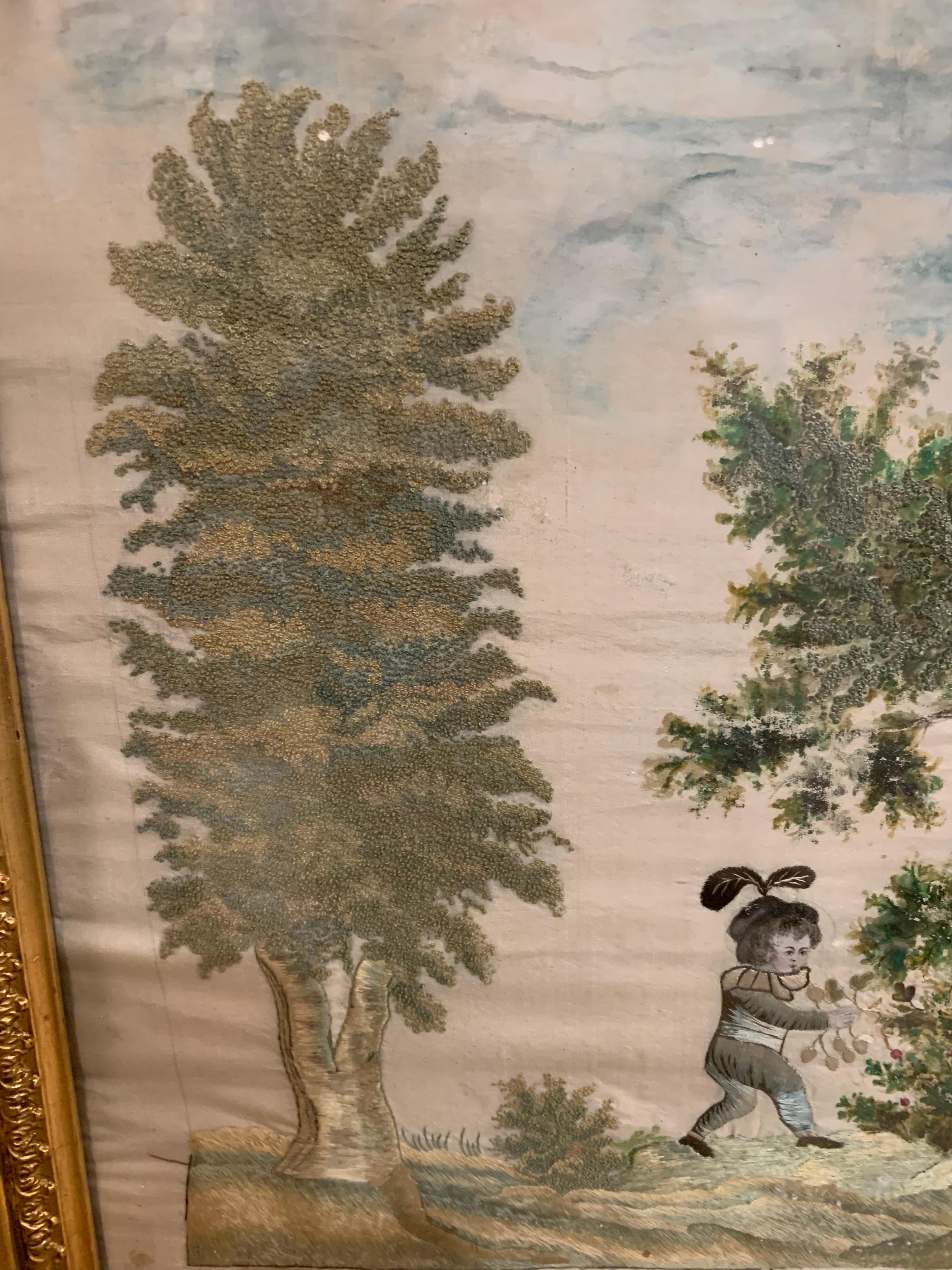 19th Century Swedish Silk Work Framed Tapestry of a Child Picking Berries For Sale 3