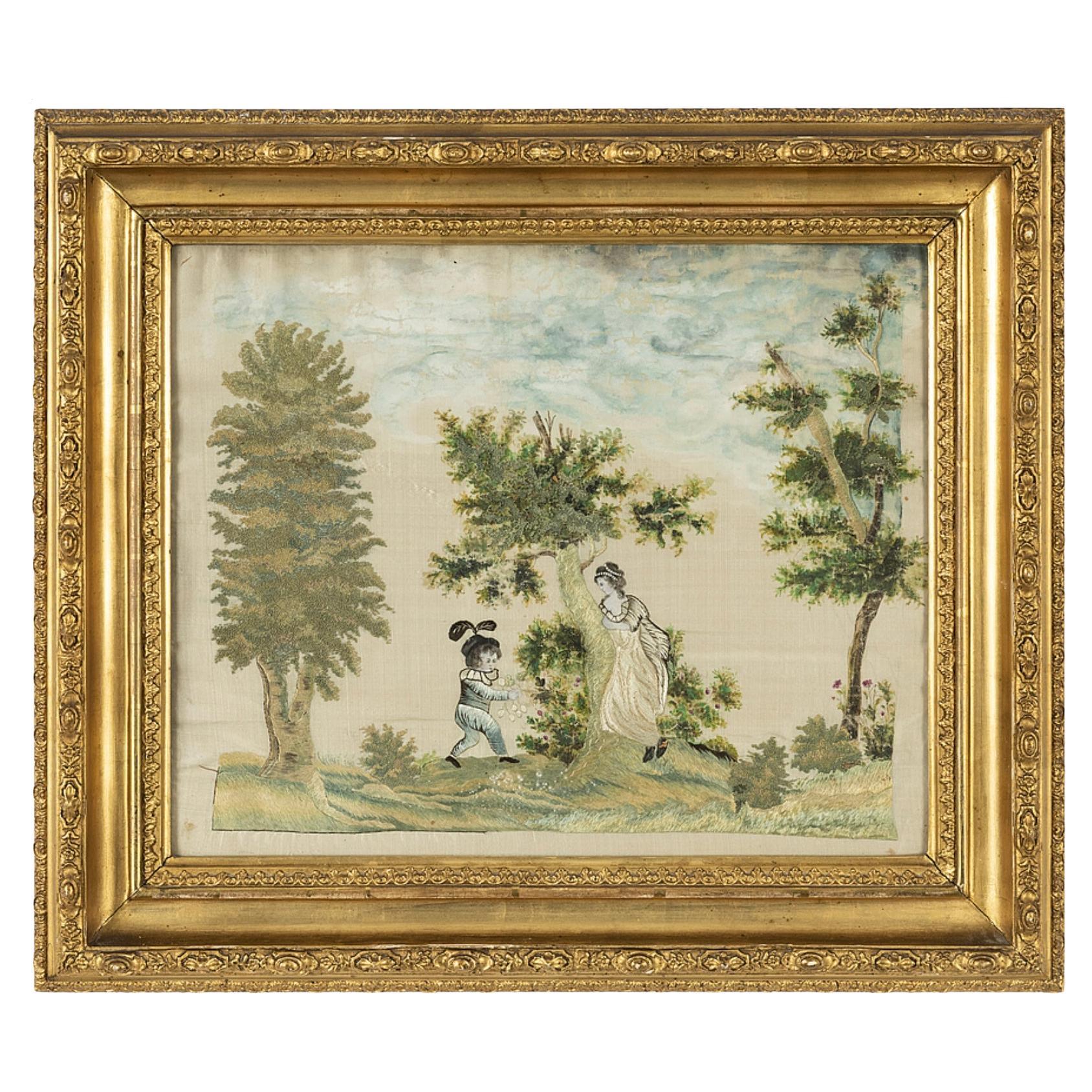 19th Century Swedish Silk Work Framed Tapestry of a Child Picking Berries For Sale