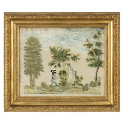 19th Century Swedish Silk Work Framed Tapestry of a Child Picking Berries