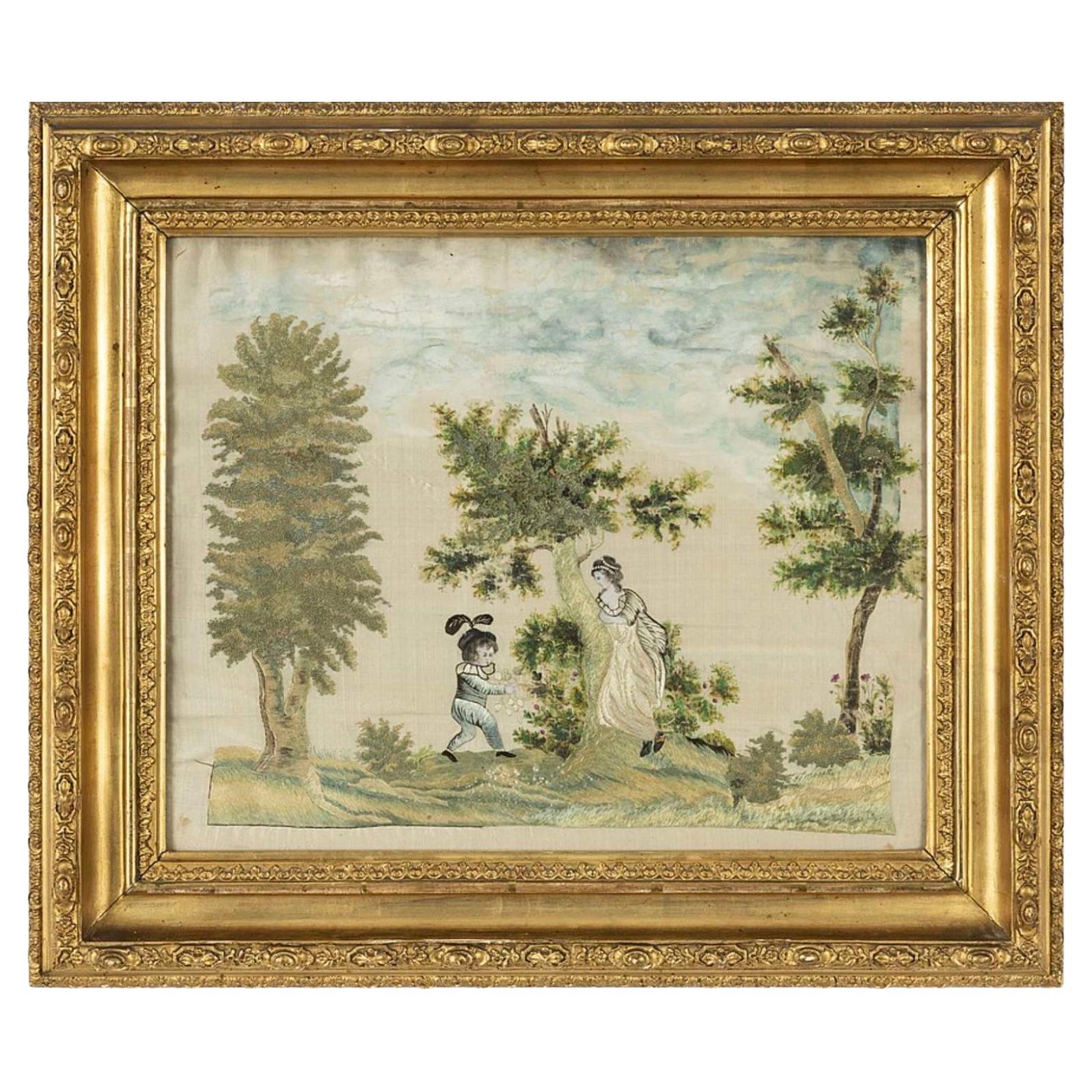 19th century Swedish silk work framed tapestry of a child picking berries