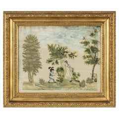 19th century Swedish silk work framed tapestry of a child picking berries