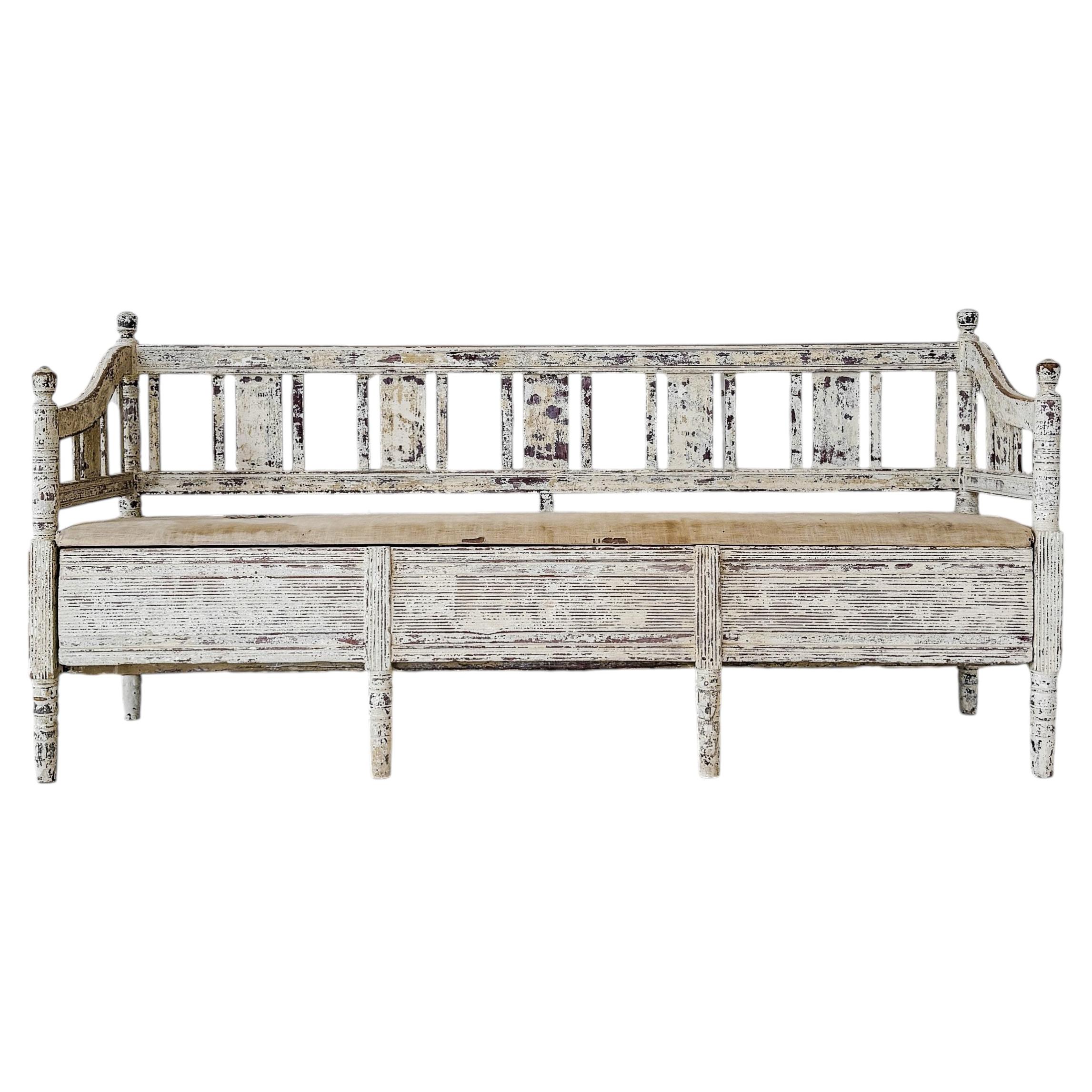 19th Century Swedish Slagbänk Storage Bench with Spindle Back