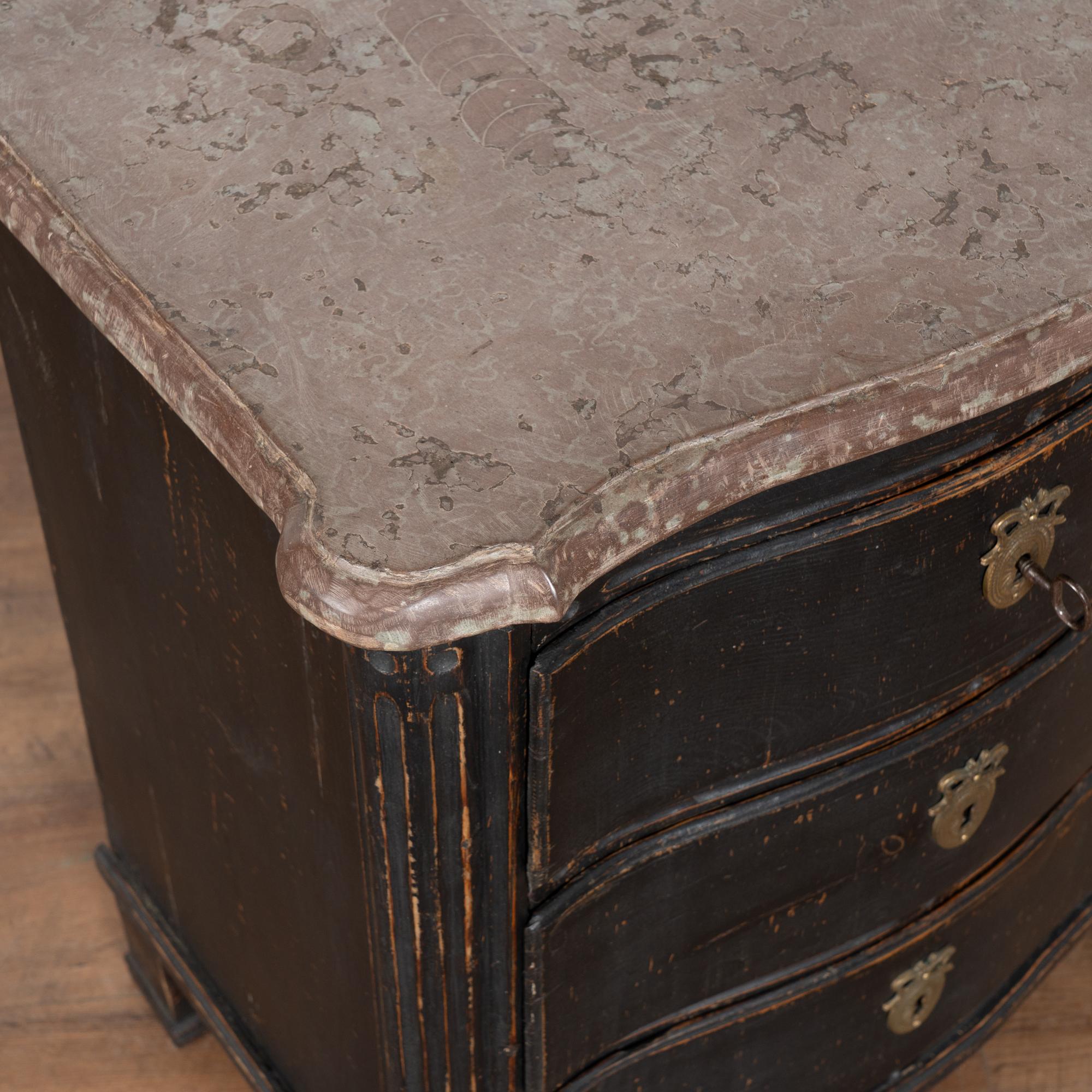19th Century Swedish Stone Top Black Small Chest of Three Drawers For Sale 4