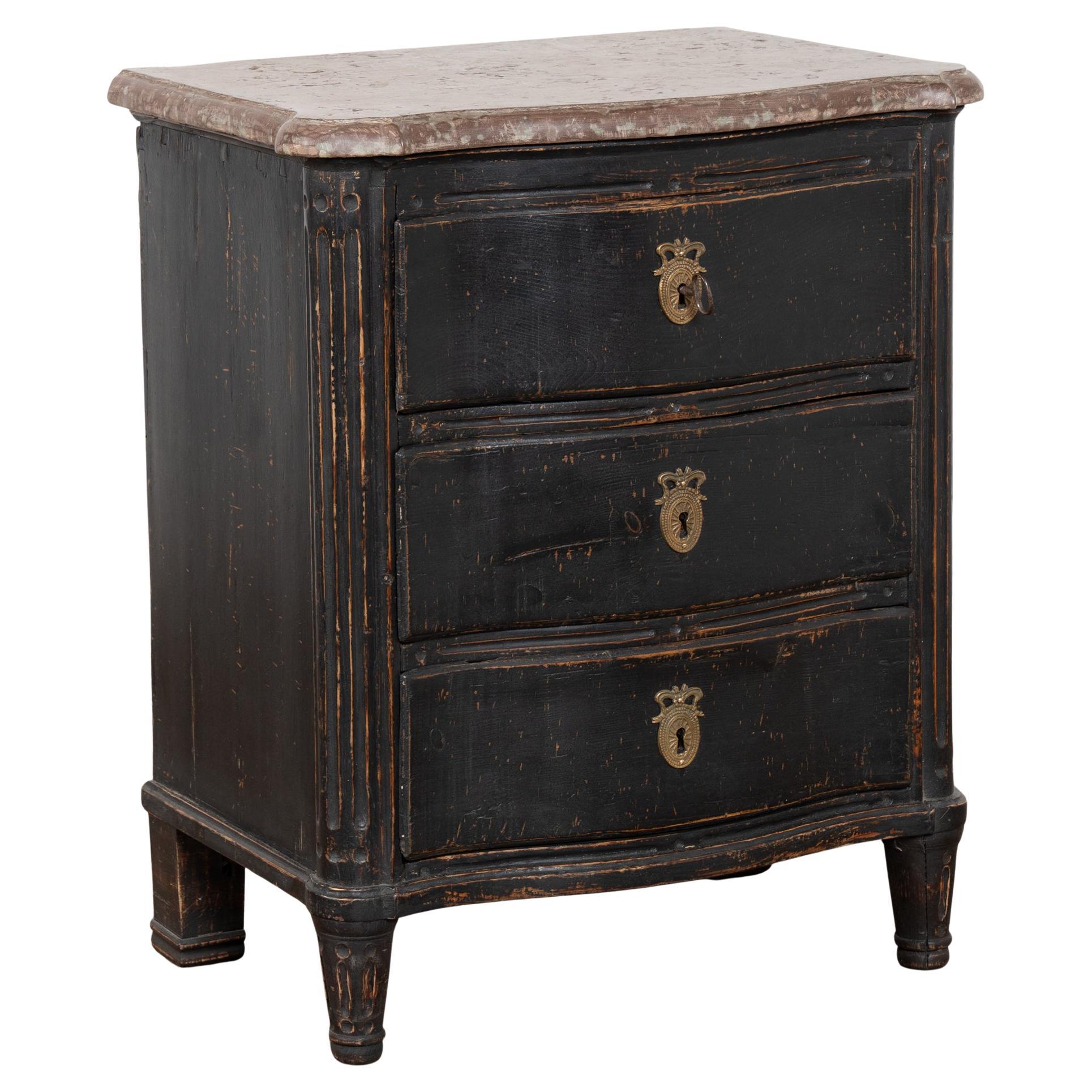 19th Century Swedish Stone Top Black Small Chest of Three Drawers For Sale