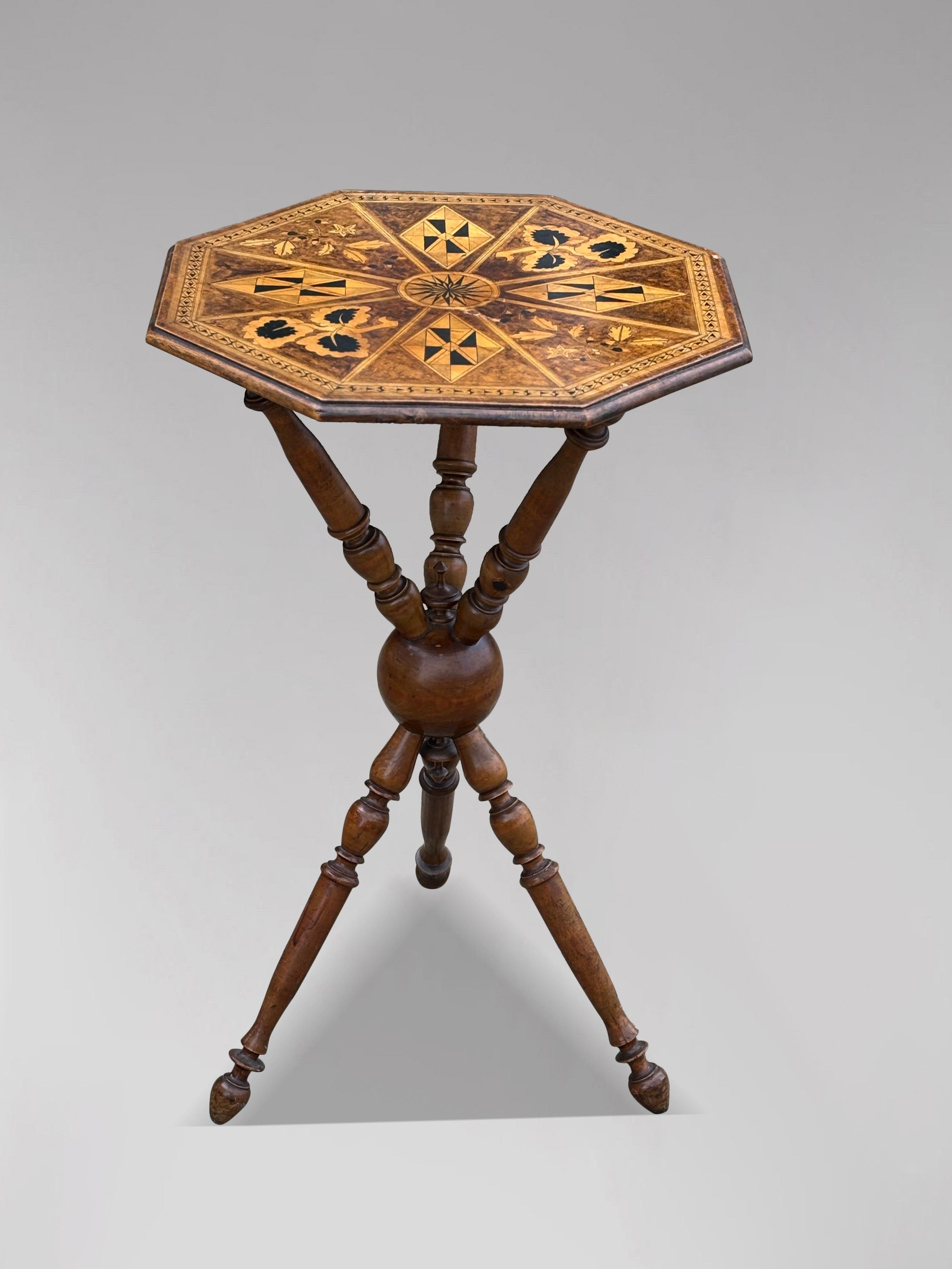 19th Century Swedish Walnut Marquetry Bobbin Tripod Side Table 1