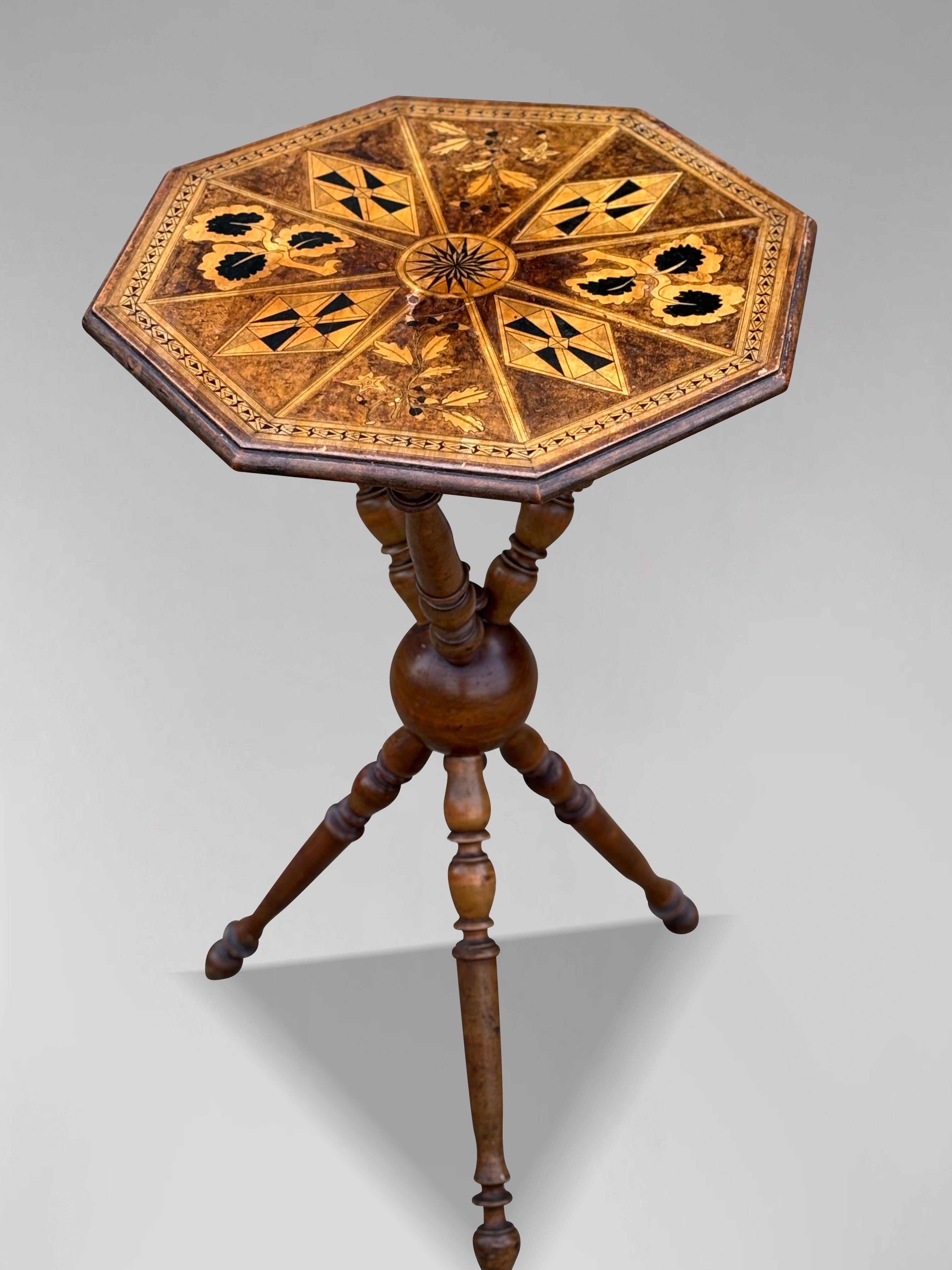 19th Century Swedish Walnut Marquetry Bobbin Tripod Side Table 3