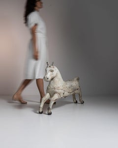 19th Century Swedish Wood Horse Sculpture, White Finish, Antique Decor