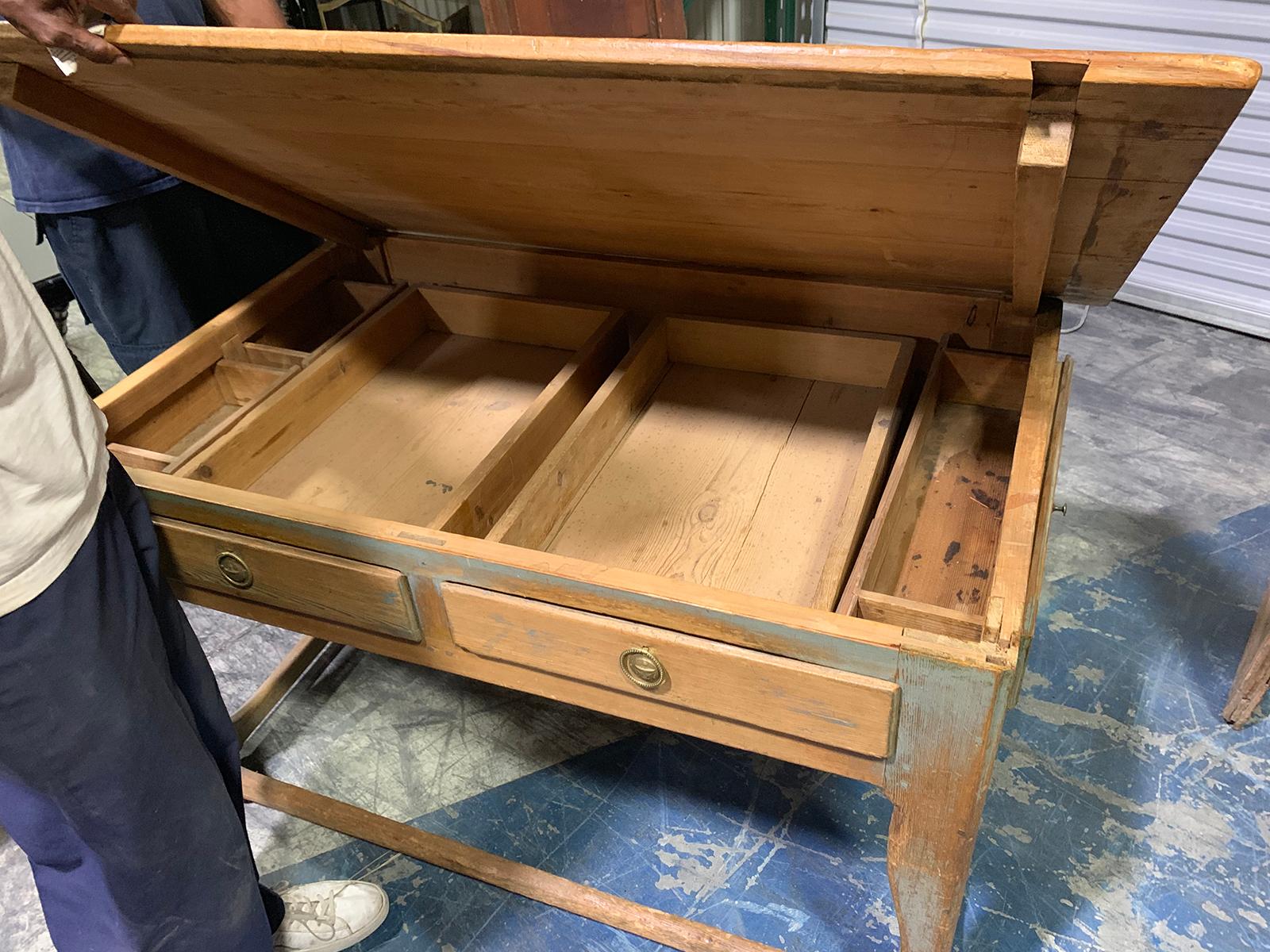 19th Century Swedish Scrubbed Pine Work Table with Old Blue Paint, Five Drawers In Good Condition For Sale In Atlanta, GA