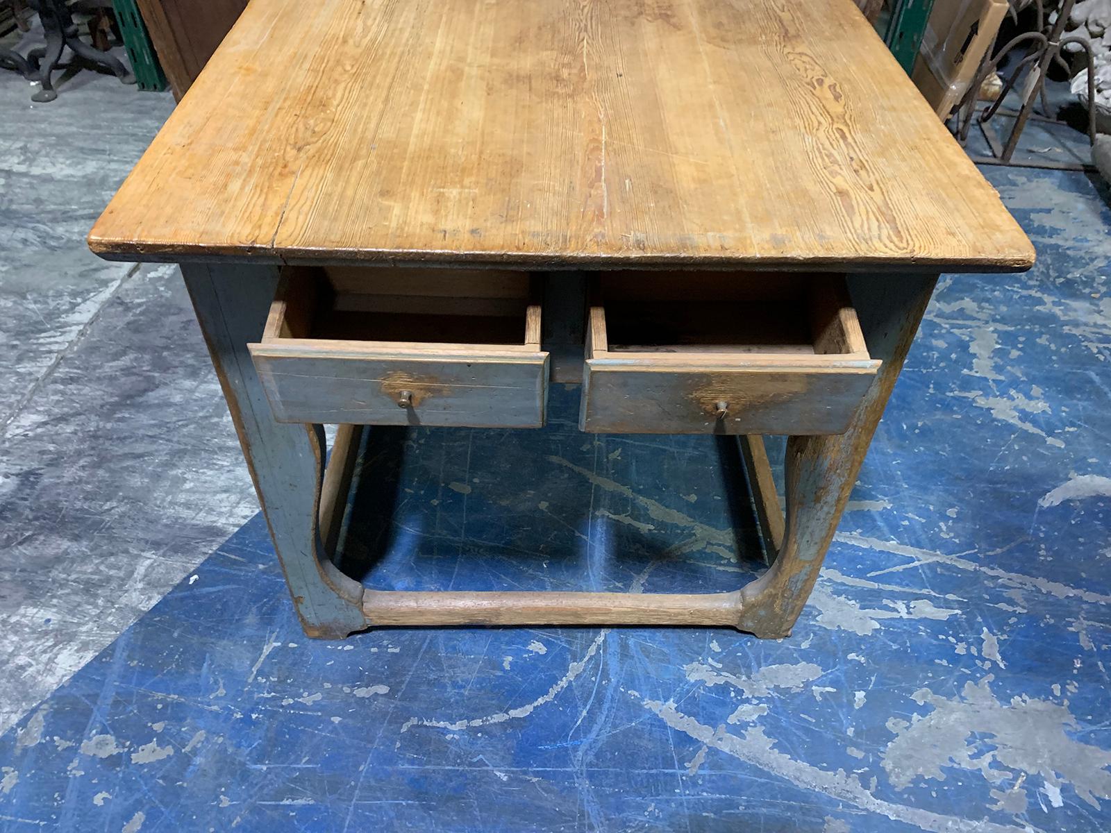19th Century Swedish Scrubbed Pine Work Table with Old Blue Paint, Five Drawers For Sale 2