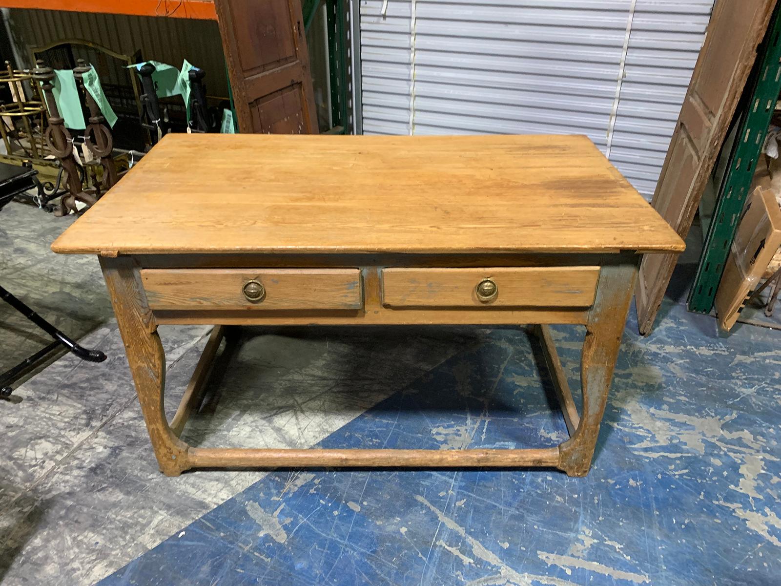19th Century Swedish Scrubbed Pine Work Table with Old Blue Paint, Five Drawers For Sale 4
