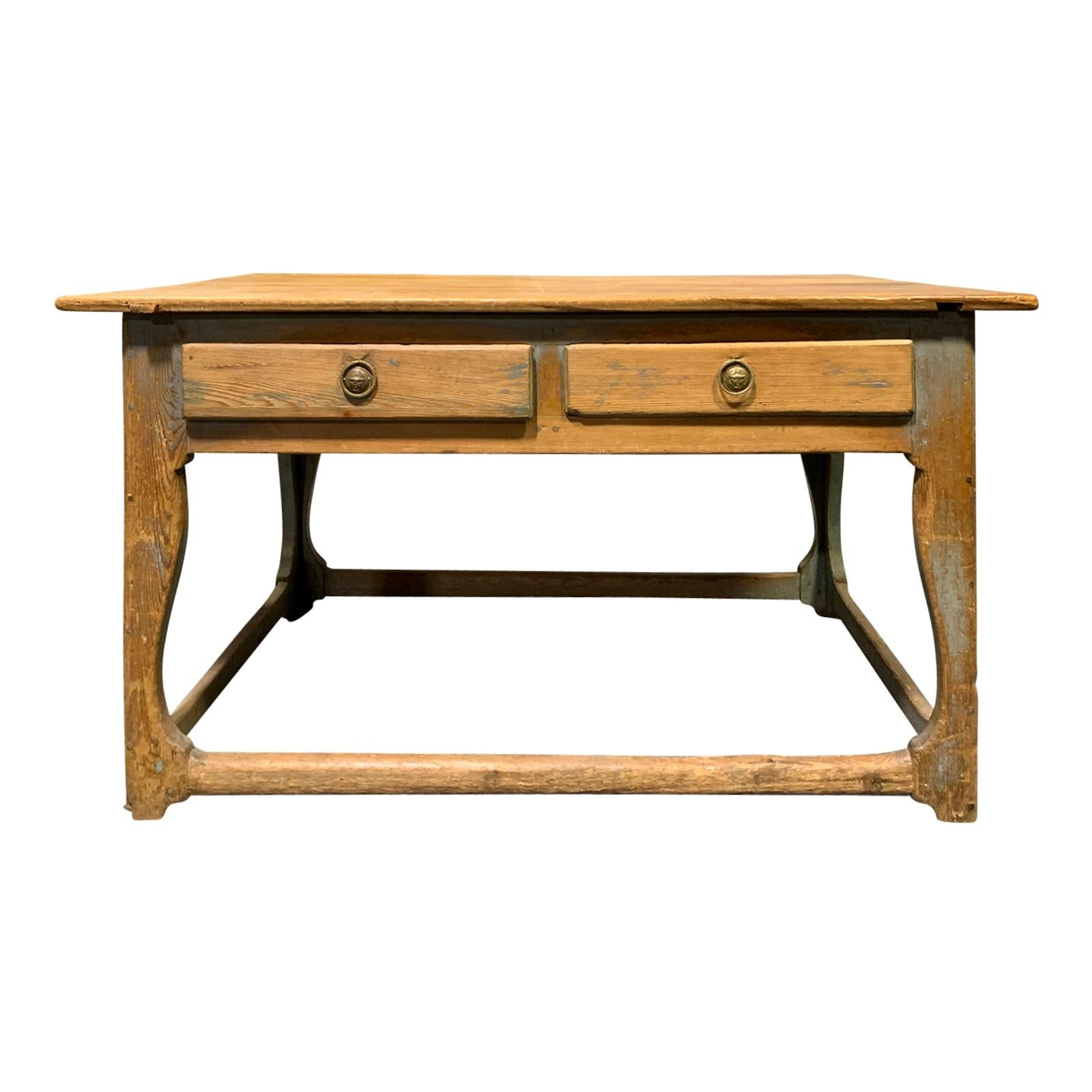 19th Century Swedish Scrubbed Pine Work Table with Old Blue Paint, Five Drawers For Sale