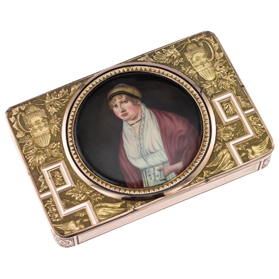 19th Century Swiss 18 Karat Gold and Enamel Snuff Box with Miniature, circa 1810