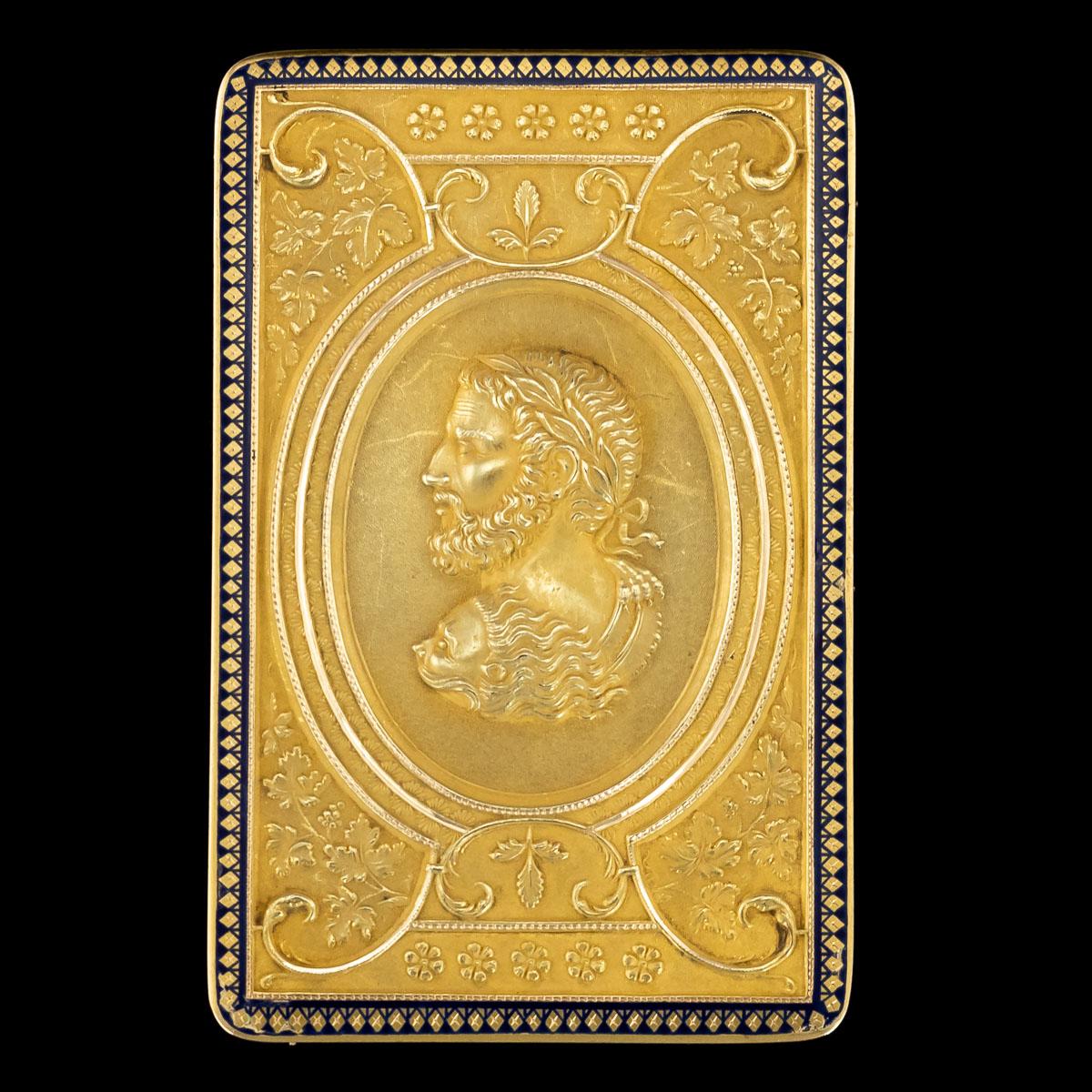 Antique early 19th century Swiss 18-karat gold and enamel snuff box, of traditional rectangular shape with rounded corners, the cover inset with a matte gold panel chased with the raised head of a Roman Emperor (Commodus, often depicted with a lion
