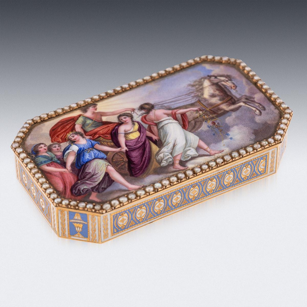 Antique early-19th Century Exceptional Swiss 18k gold & enamel snuff box, rectangular form with gently angled corners, this exquisite piece features sides and underside adorned in a delicate light turquoise enamel, embellished with undulating motifs