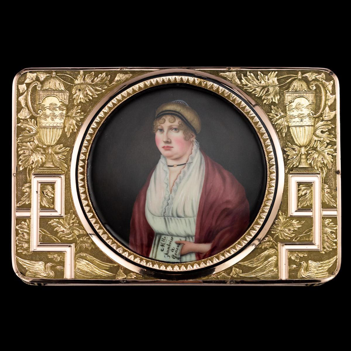 Antique early 19th century Swiss 18-karat solid gold snuff box, of rectangular shape with rounded corners, lid inset with a round hand painted enamel miniature of a Swiss lady, wearing head-dress, translucent embroidered gown, holding a letter
