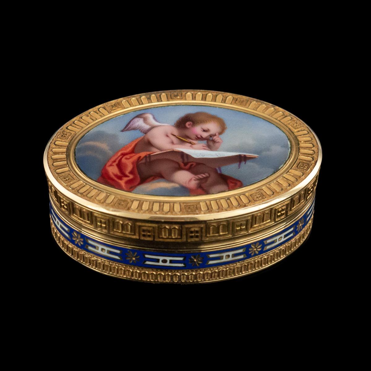 Antique early-19th century Swiss 18k gold vinaigrette, of oval shape, the lid set with an oval panel depicting a seated cherub painting, semi nude and draped in red silk amongst clouds, surrounded by a fluted boarder and enamelled underneath and