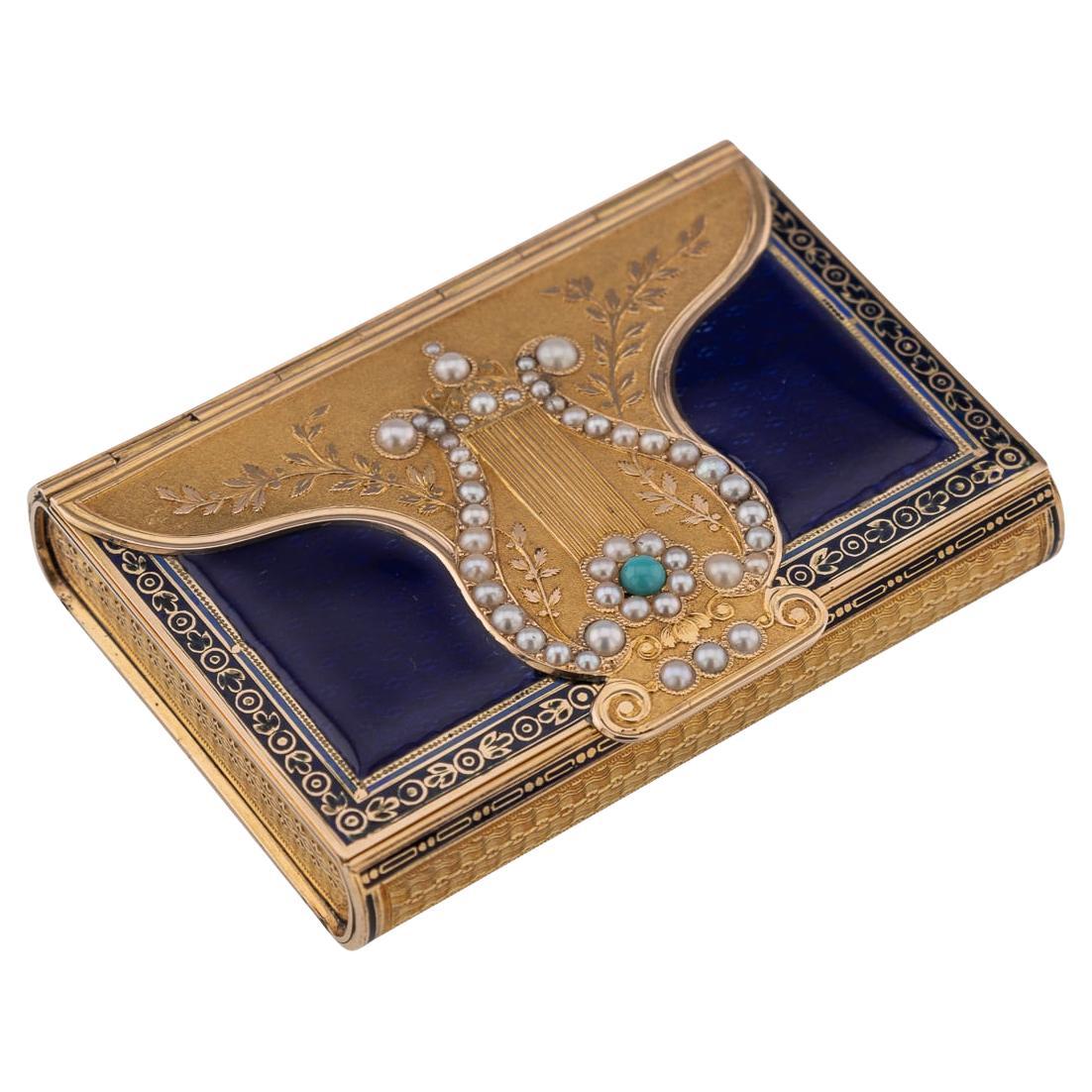 Caja musical suiza del siglo XIX de oro de 18 quilates engastada con perlas y esmalte, Remond c.1800