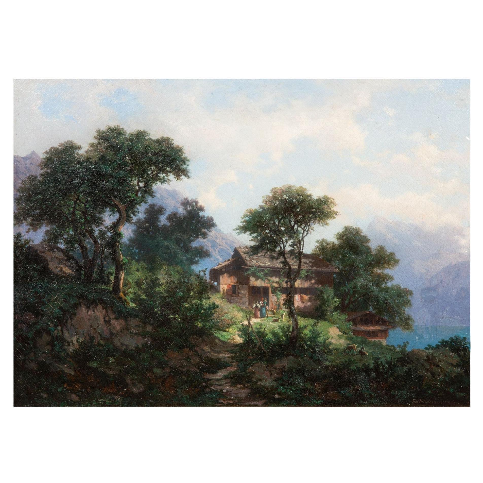 Antico dipinto a olio su montagne di Francois Niederhausern del XIX secolo in Svizzera