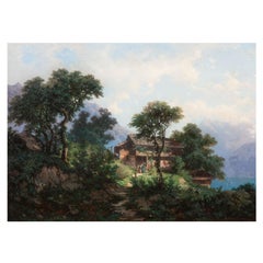 Antico dipinto a olio su montagne di Francois Niederhausern del XIX secolo in Svizzera