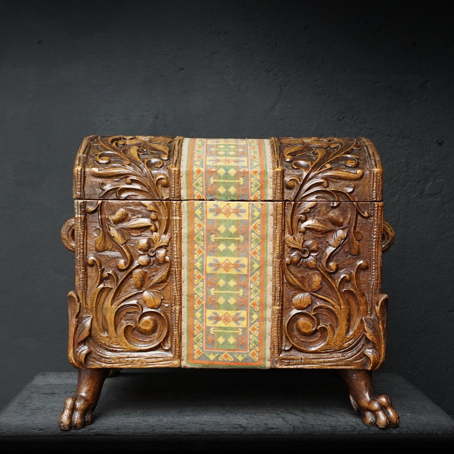 Hand-Carved 19th Century Swiss Black Forest Carved Dowry Chest or Trunk with Needlework For Sale