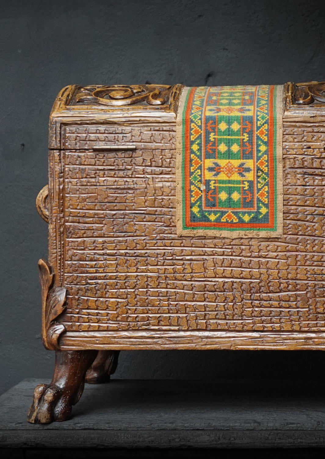 Fabric 19th Century Swiss Black Forest Carved Dowry Chest or Trunk with Needlework For Sale