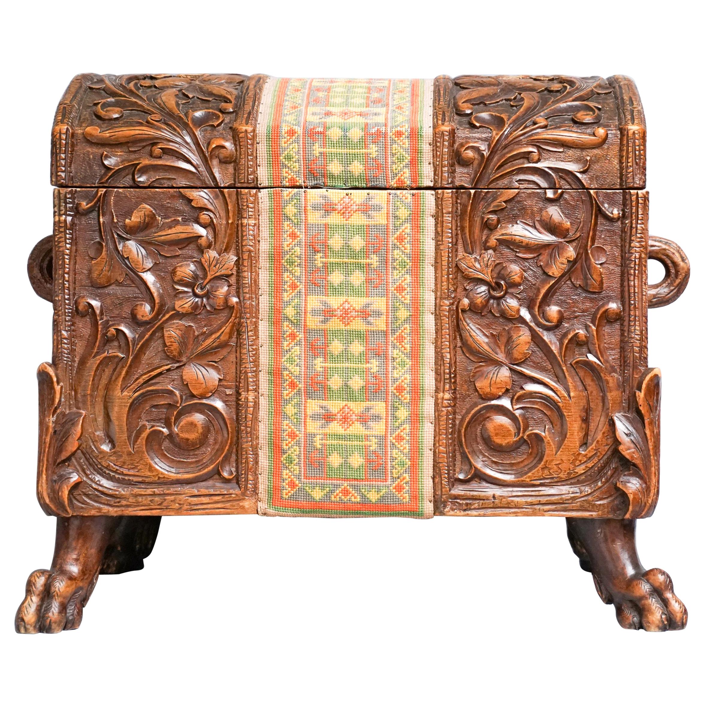 19th Century Swiss Black Forest Carved Dowry Chest or Trunk with Needlework