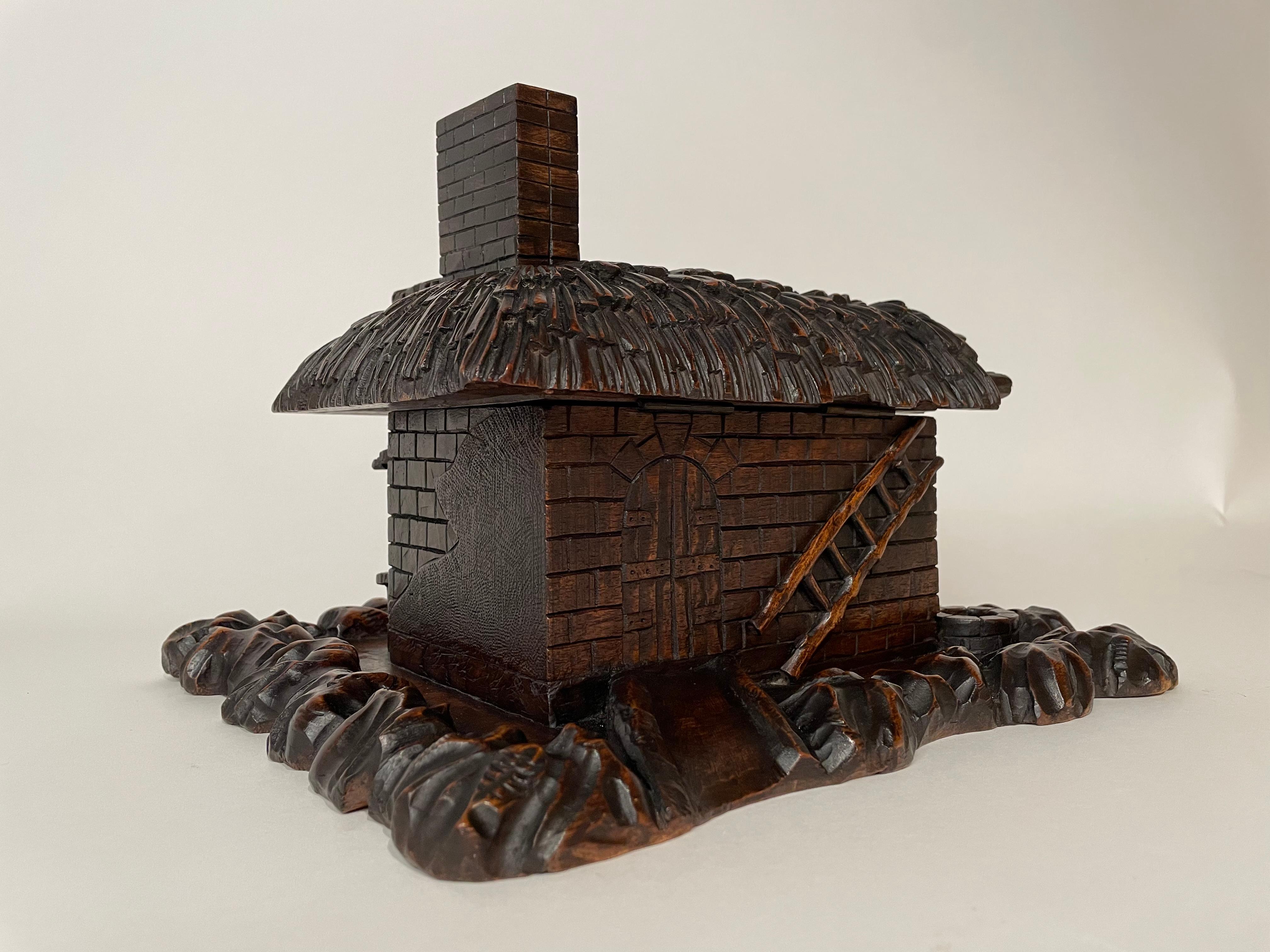 19th Century Swiss Black Forest Carved Thatched Roof Cottage Box For Sale 1
