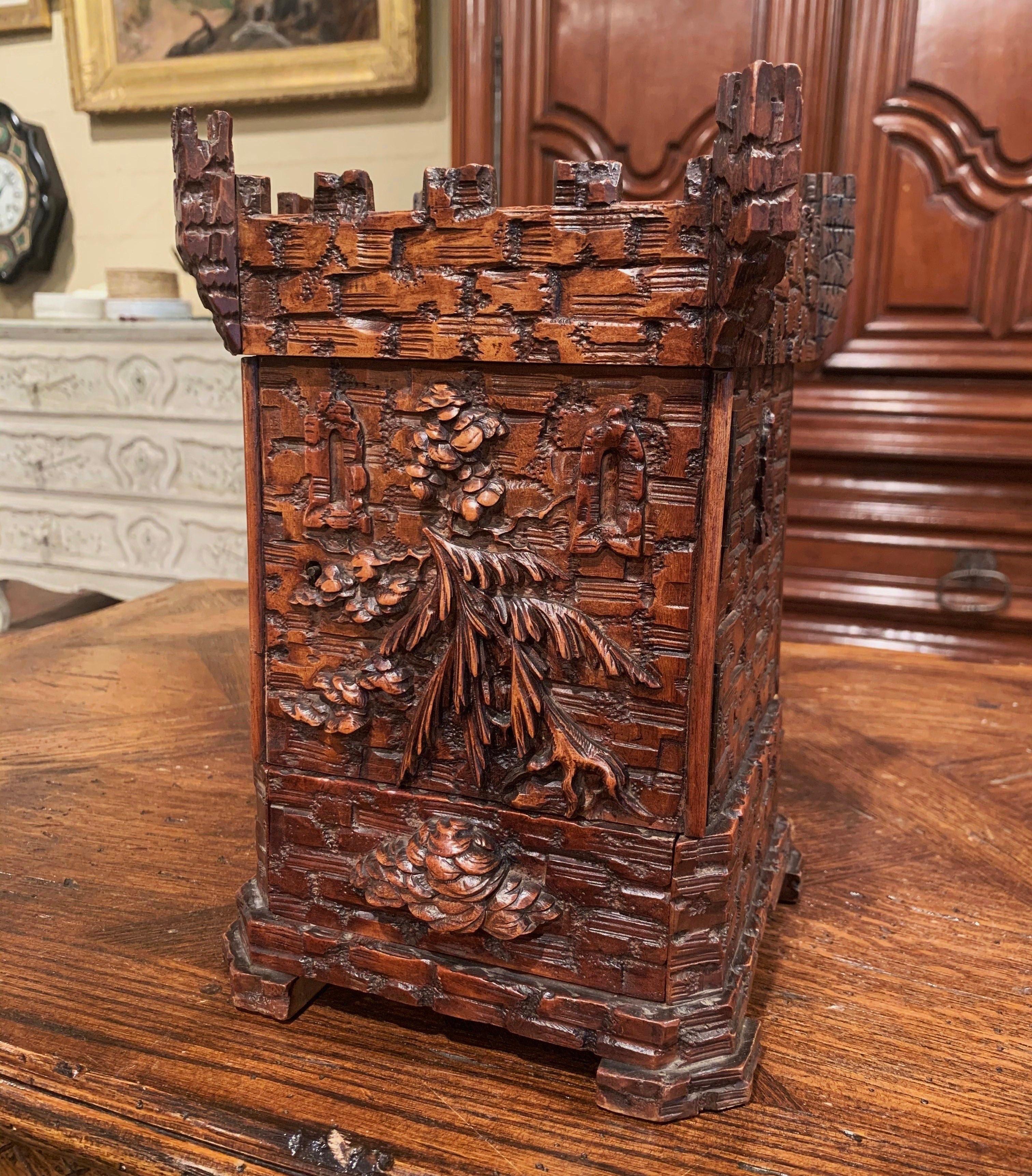 19th Century Swiss Black Forest Carved Walnut Cigar Box 1