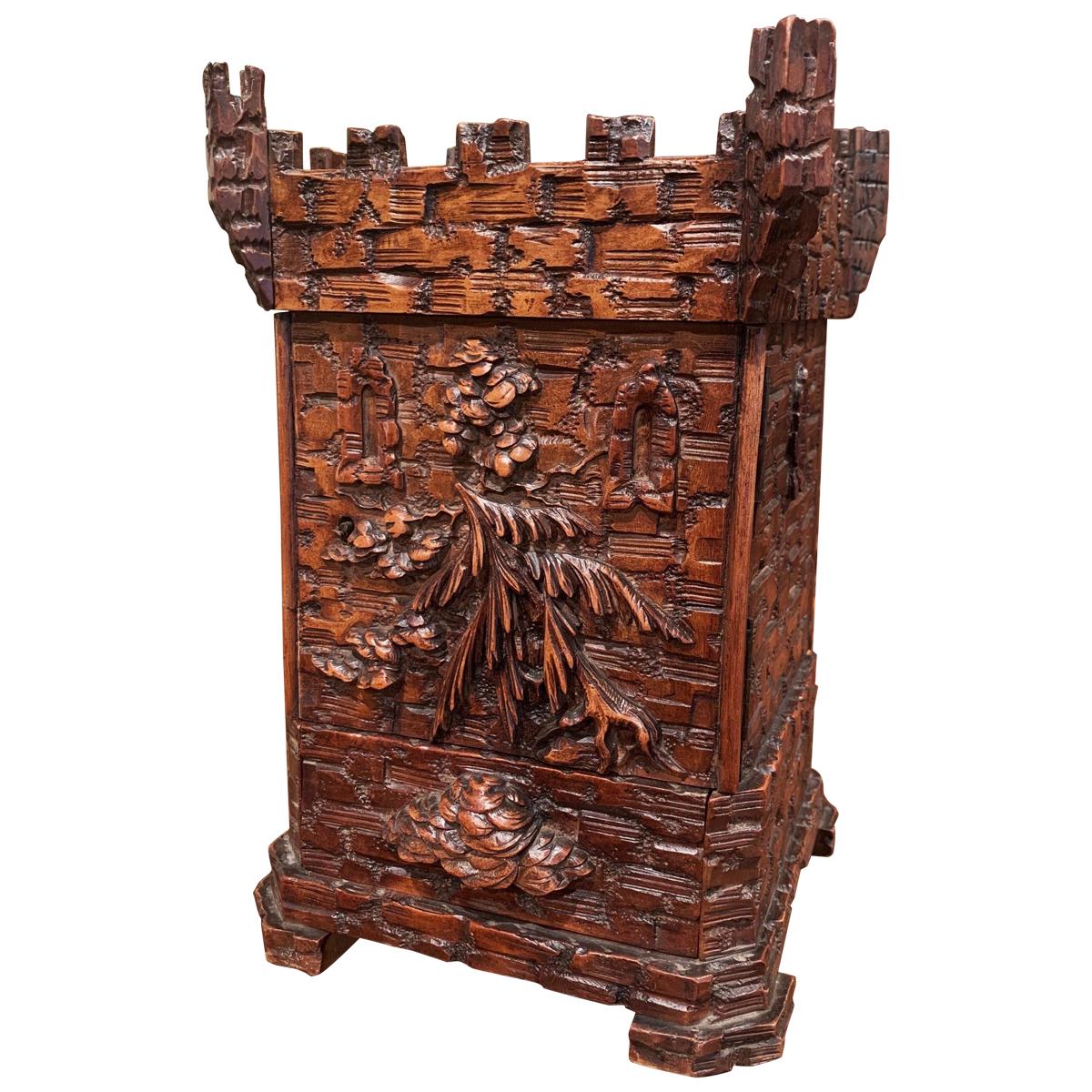 19th Century Swiss Black Forest Carved Walnut Cigar Box