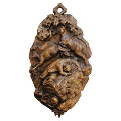 19th Century Swiss Black Forest Carved Walnut Hunting Plaque with Game Animals