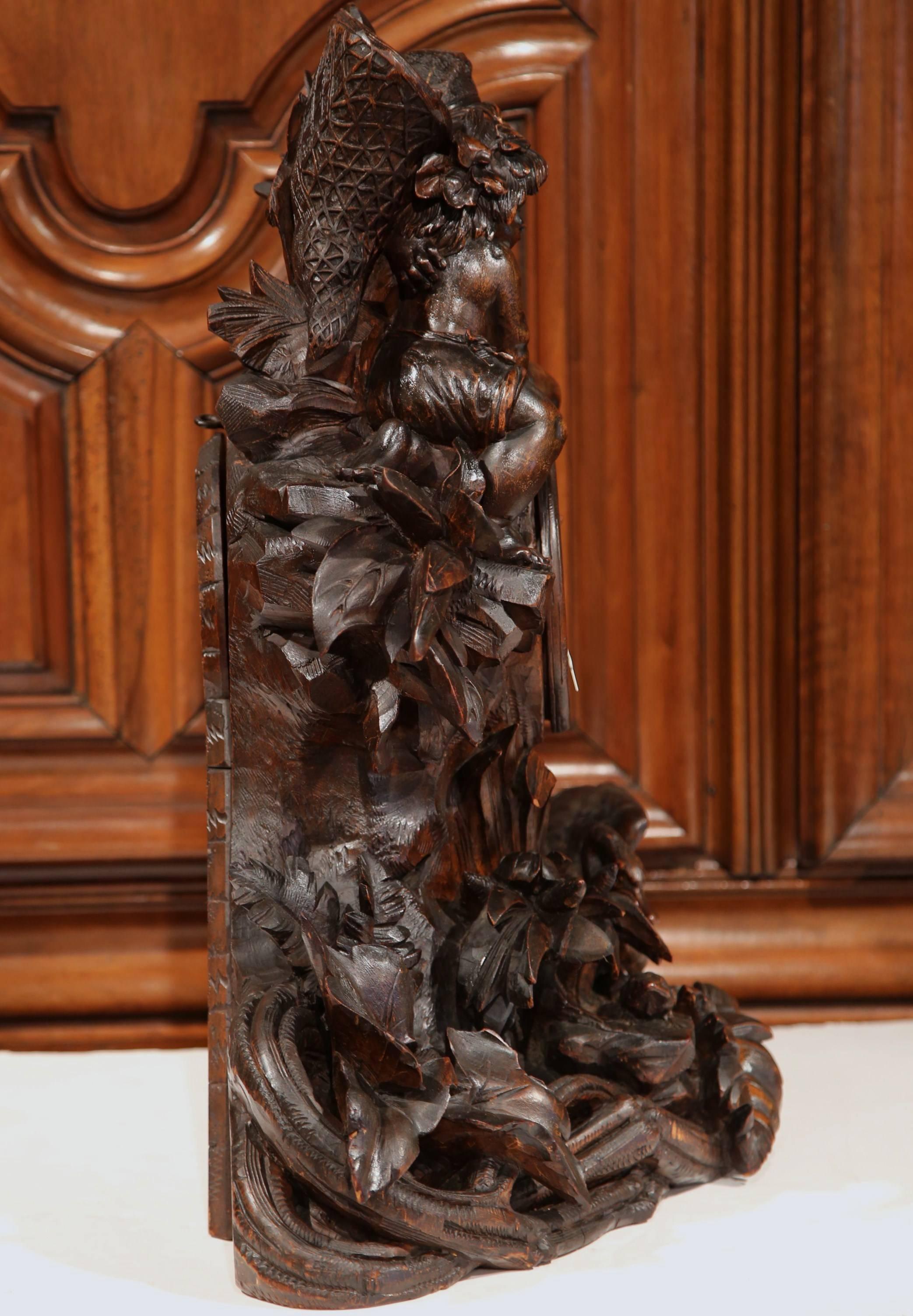 19th Century Swiss Black Forest Carved Walnut Mantel Clock with Cherubs and Bird For Sale 1