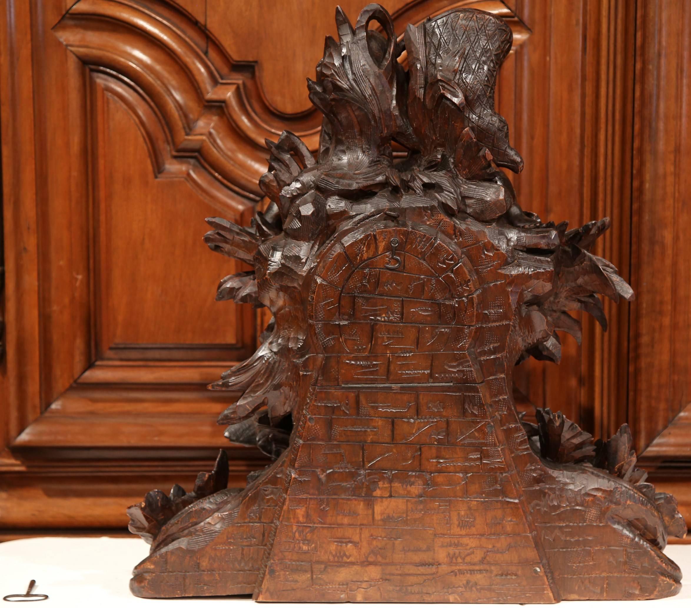 19th Century Swiss Black Forest Carved Walnut Mantel Clock with Cherubs and Bird For Sale 2