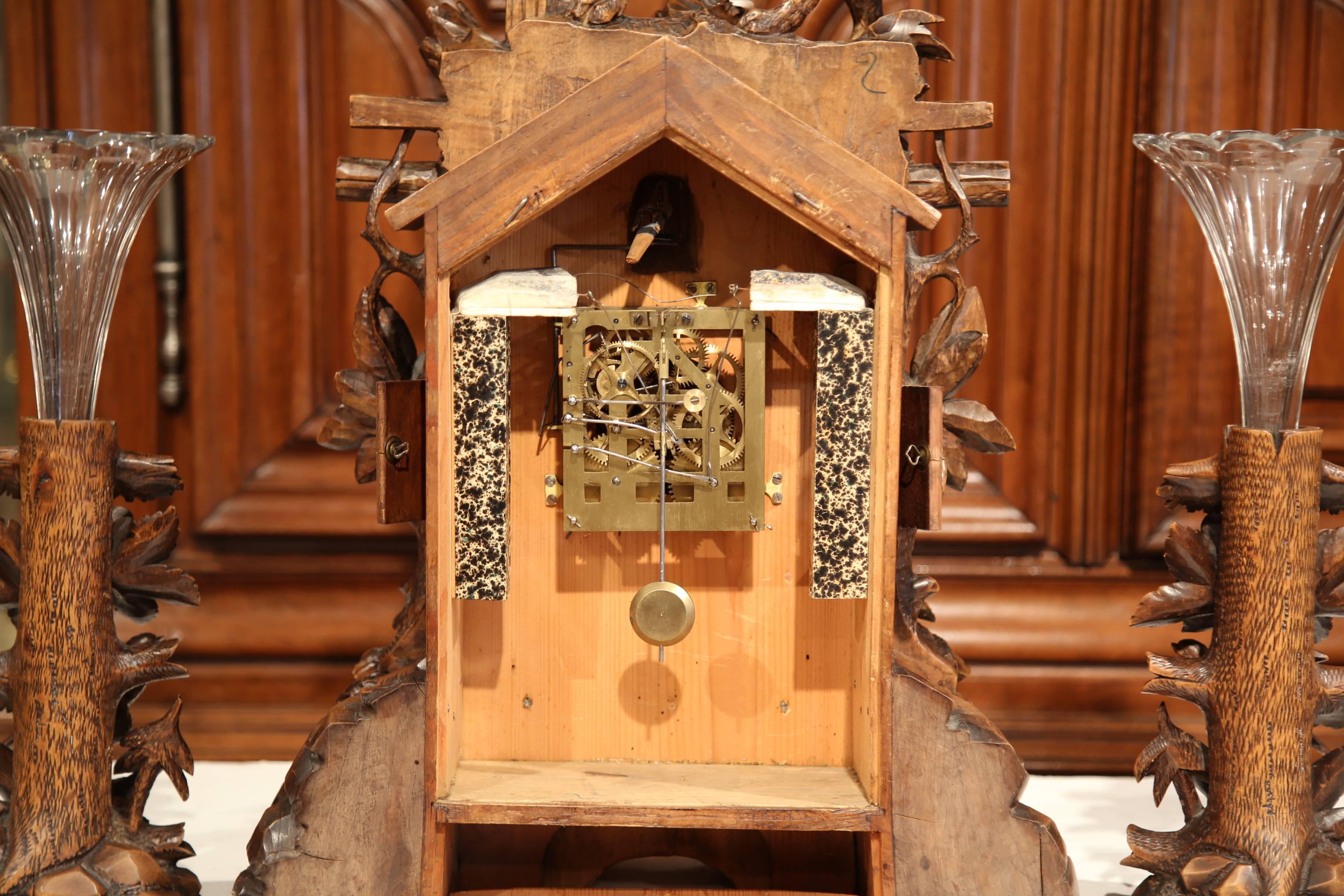 19th Century Swiss Black Forest Carved Walnut Three-Piece Mantel Clock Set 5