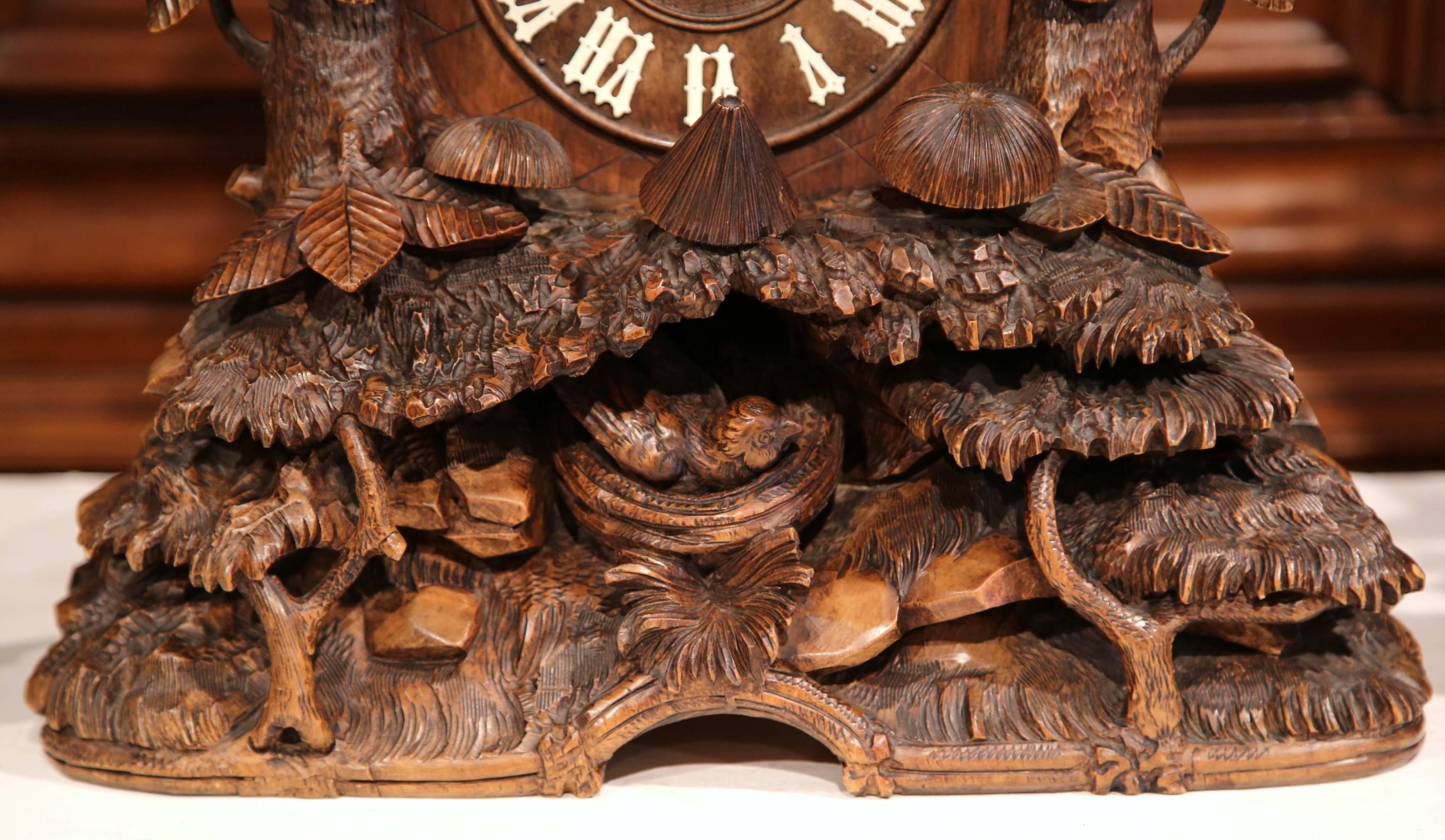 19th Century Swiss Black Forest Carved Walnut Three-Piece Mantel Clock Set In Excellent Condition In Dallas, TX
